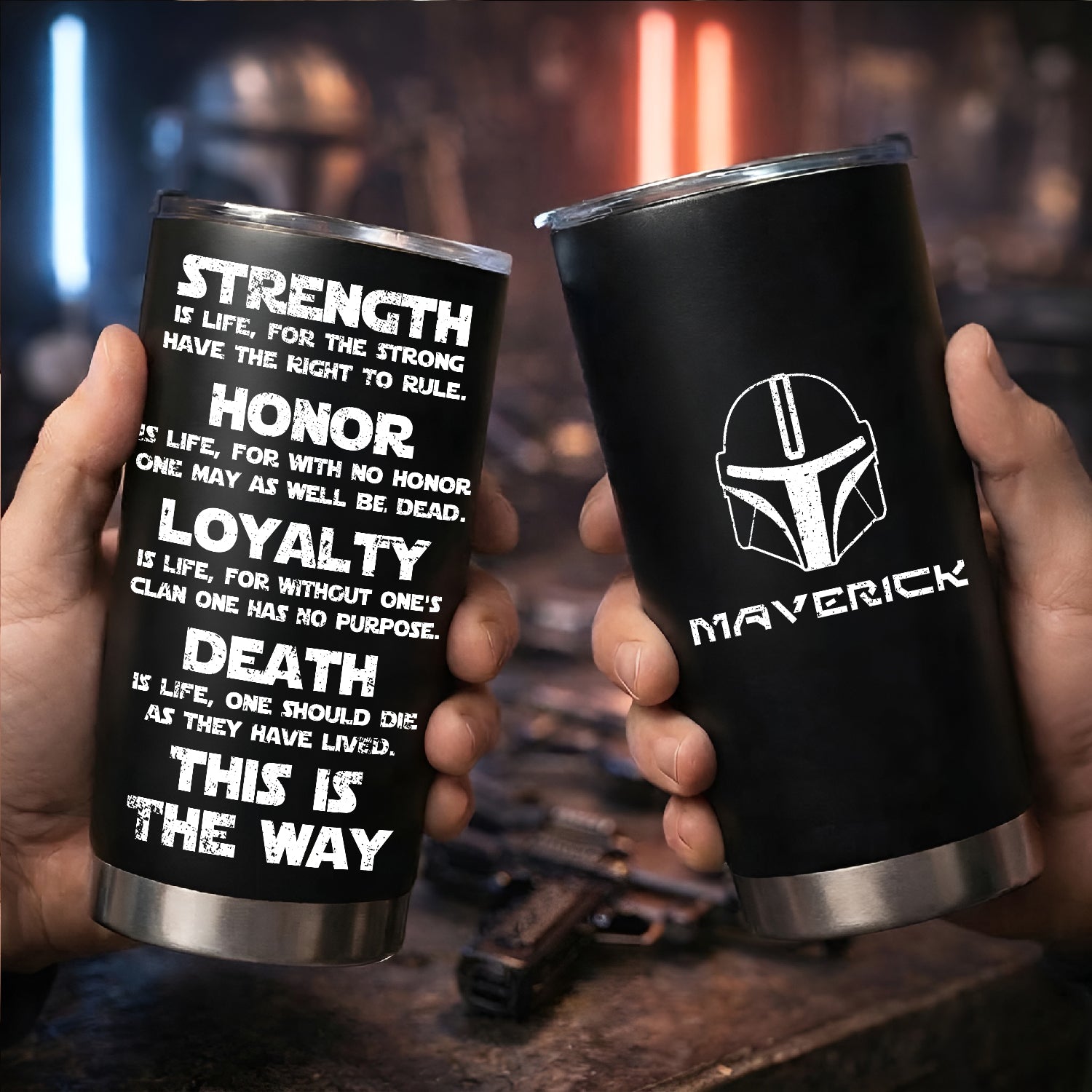 Custom Star Wars Code and Name in Aurebesh/Mando'a 20Oz Tumbler - Personalized Sith Code/ Jedi Code/ Code of Honor Insulated Mug with Lid