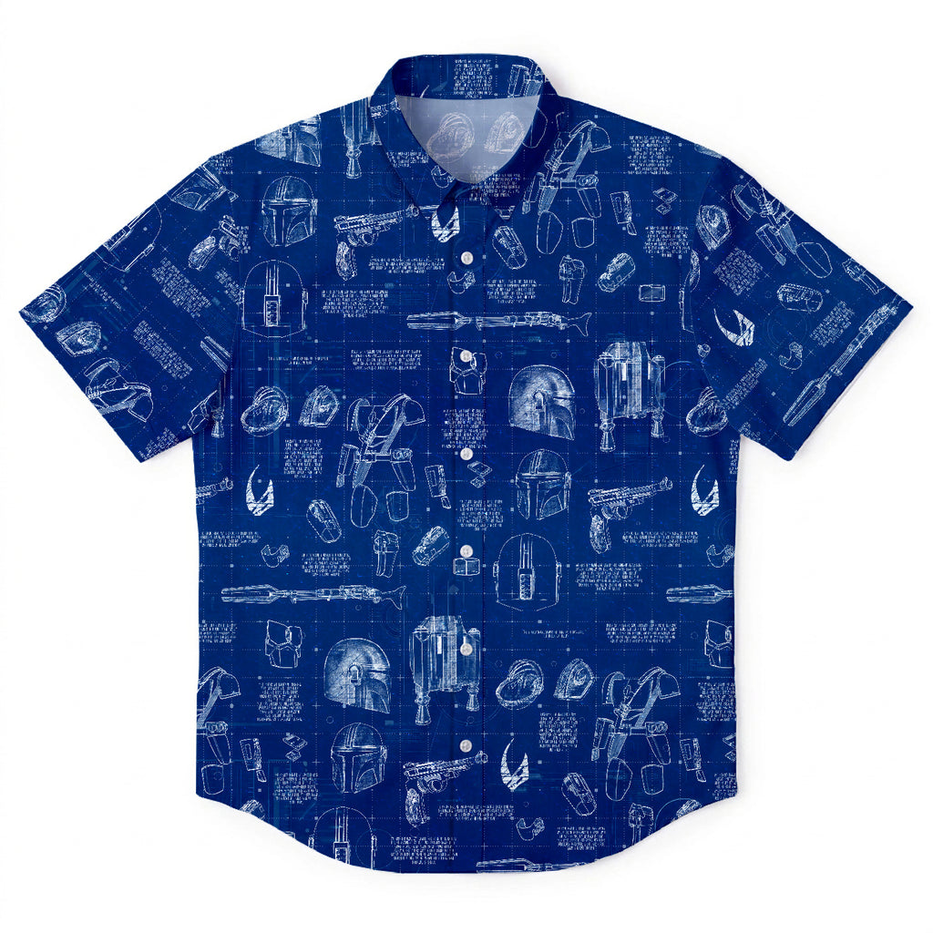 Mandalorian Equipment Blueprint Hawaiian Shirt with Pocket - Star Wars Schematic Button Down Shirt