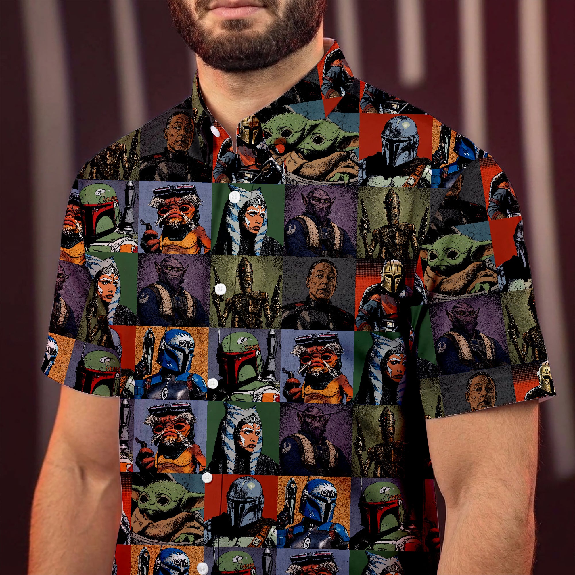 Mandalorian Characters Block Hawaiian Shirt with Pocket - Star Wars Button Down Shirt