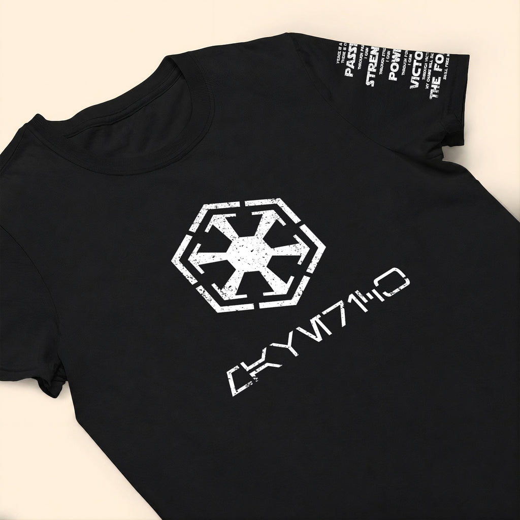 Custom Name in Aurebesh/Mando'a and Star Wars Code Sleeve Printed Shirt - Personalized Shirt and Sleeve