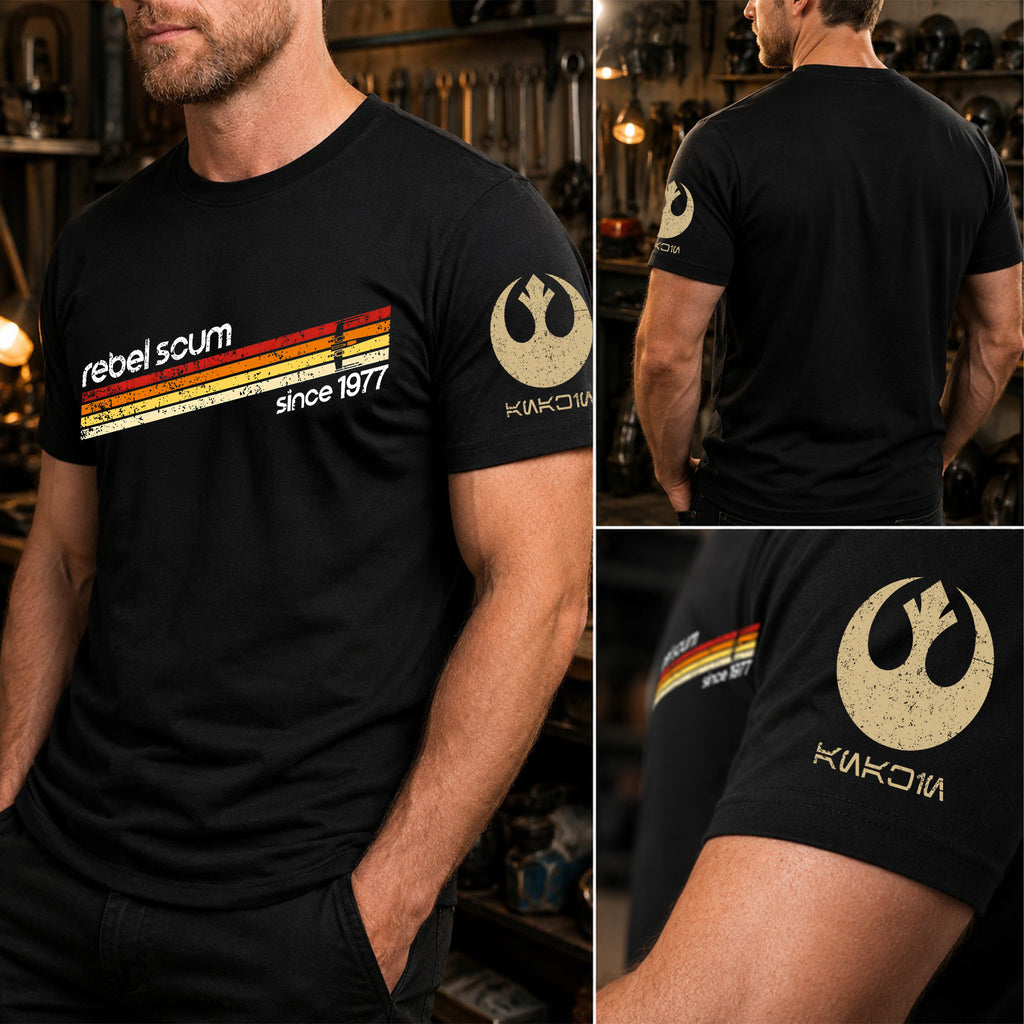 Rebel Scum Since 1977 With Custom Name in Aurebesh/Mando'a Sleeve Printed Shirt - Personalized Shirt and Sleeve