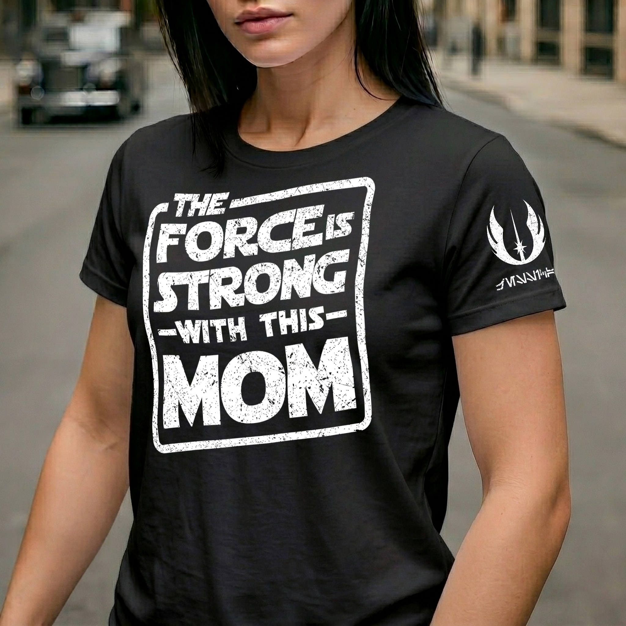 Custom The Force Mom Name in Aurebesh Sleeve Printed Shirt - Personalized Mother's Day Shirt