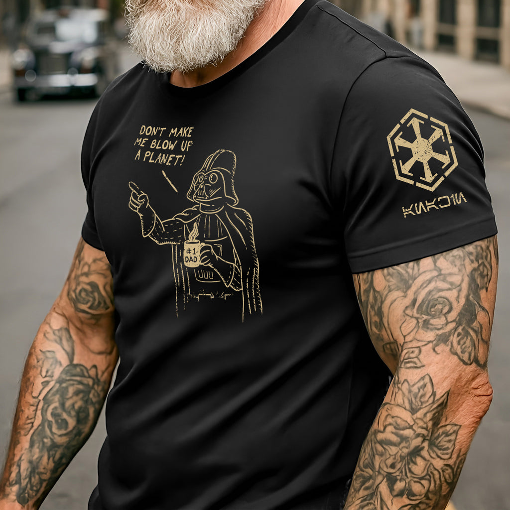 #1 Dad Vader With Custom Name in Aurebesh/Mando'a Sleeve Printed Shirt - Personalized Shirt and Sleeve