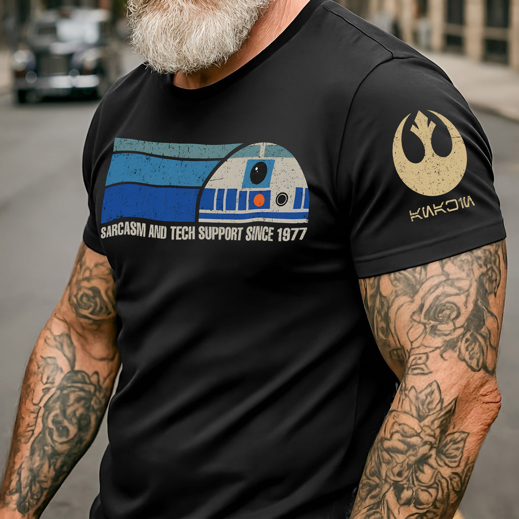 Providing Sarcasm And Tech Support Since 1977 With Custom Name in Aurebesh/Mando'a Sleeve Printed Shirt - Personalized Shirt and Sleeve