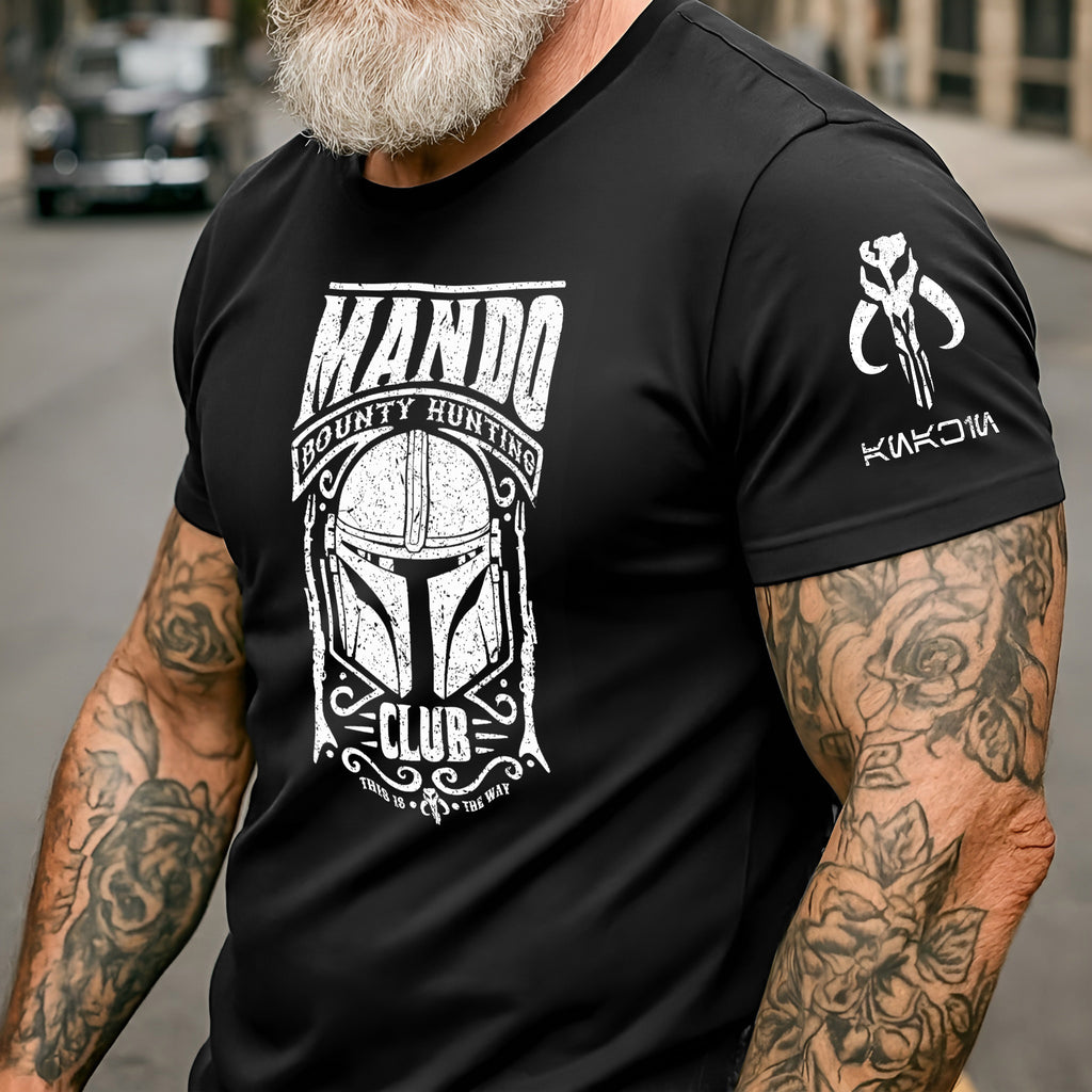 Mando Bounty Hunting Club With Custom Name in Aurebesh/Mando'a Sleeve Printed Shirt - Personalized Shirt and Sleeve