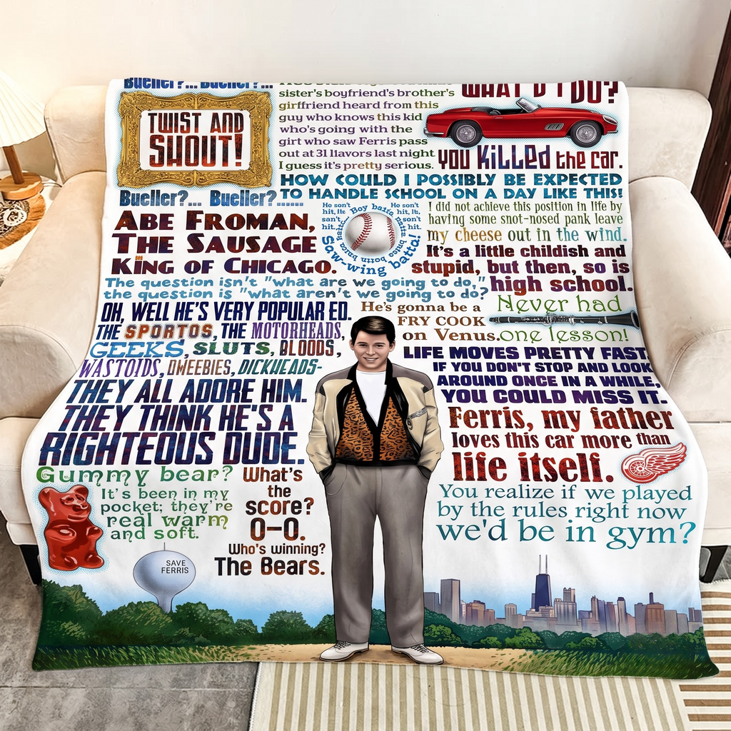 Ferris Bueller's Day Off Life Moves Pretty Fast Christmas Blanket - Comedy Movie Sherpa Blanket Gift for Fans