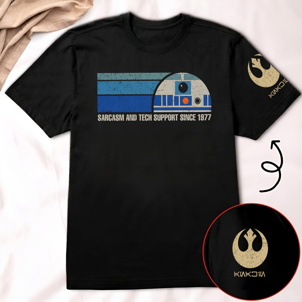 Providing Sarcasm And Tech Support Since 1977 With Custom Name in Aurebesh/Mando'a Sleeve Printed Shirt - Personalized Shirt and Sleeve