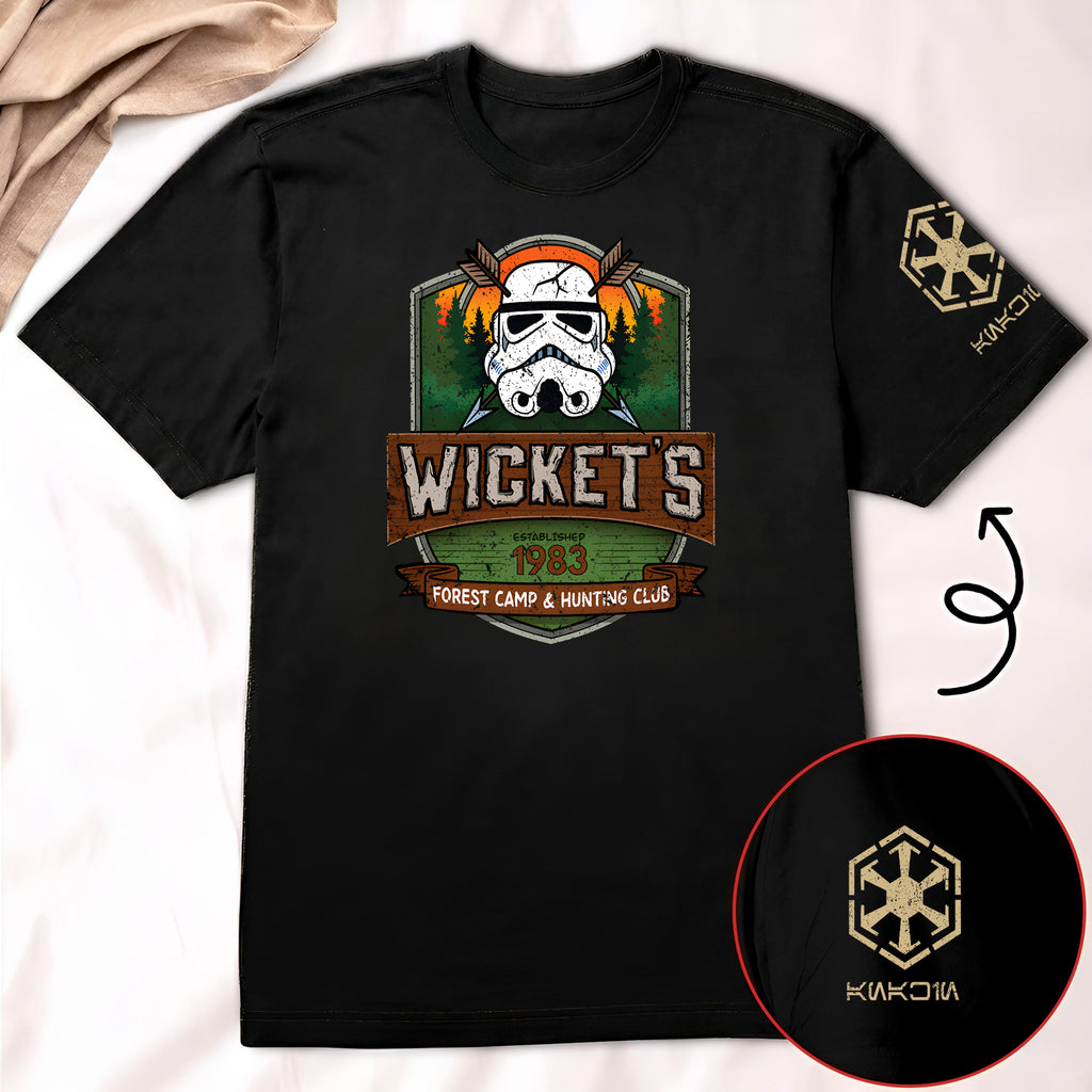 Wicket's Camping Club With Custom Name in Aurebesh/Mando'a Sleeve Printed Shirt - Personalized Shirt and Sleeve