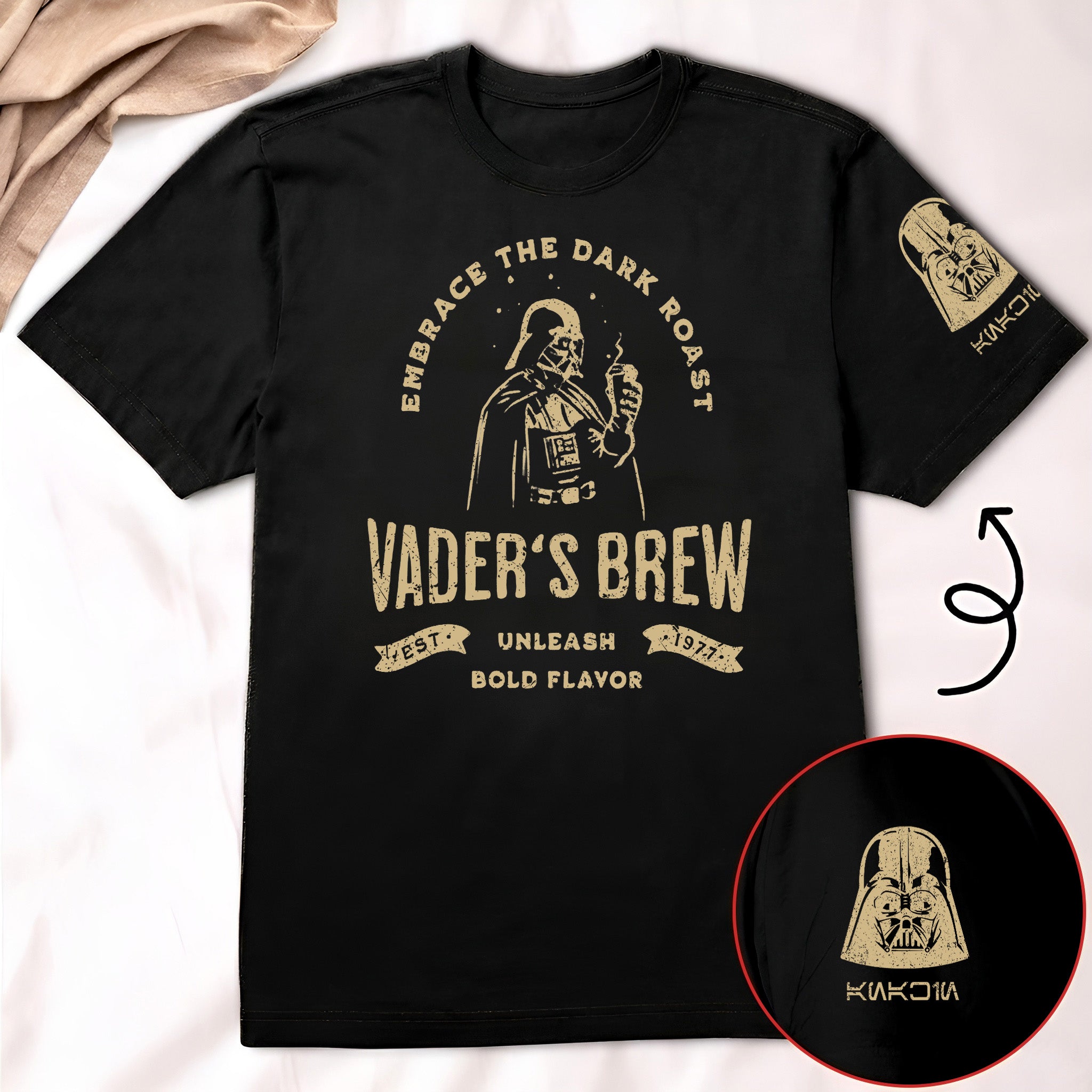 Vader's Brew With Custom Name in Aurebesh/Mando'a Sleeve Printed Shirt - Personalized Shirt and Sleeve