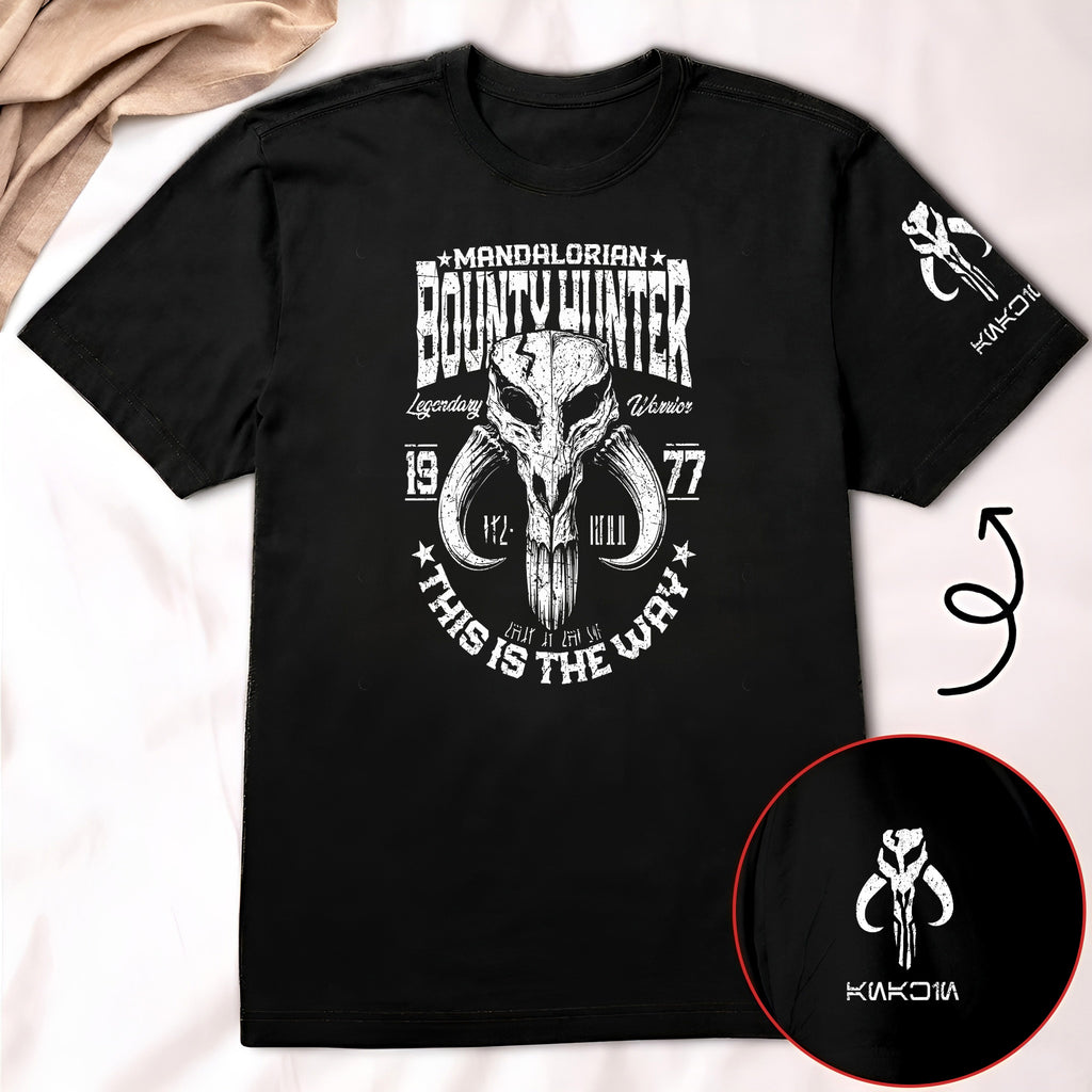 Bounty Hunter With Custom Name in Aurebesh/Mando'a Sleeve Printed Shirt - Personalized Shirt and Sleeve