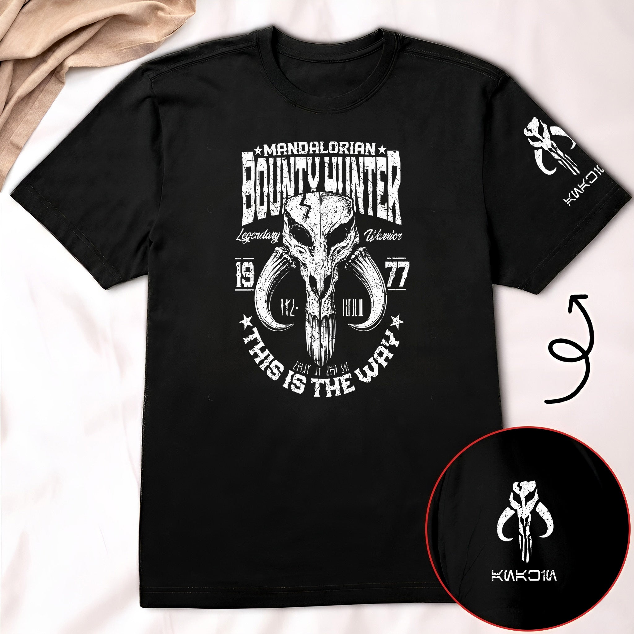 Bounty Hunter With Custom Name in Aurebesh/Mando'a Sleeve Printed Shirt - Personalized Shirt and Sleeve