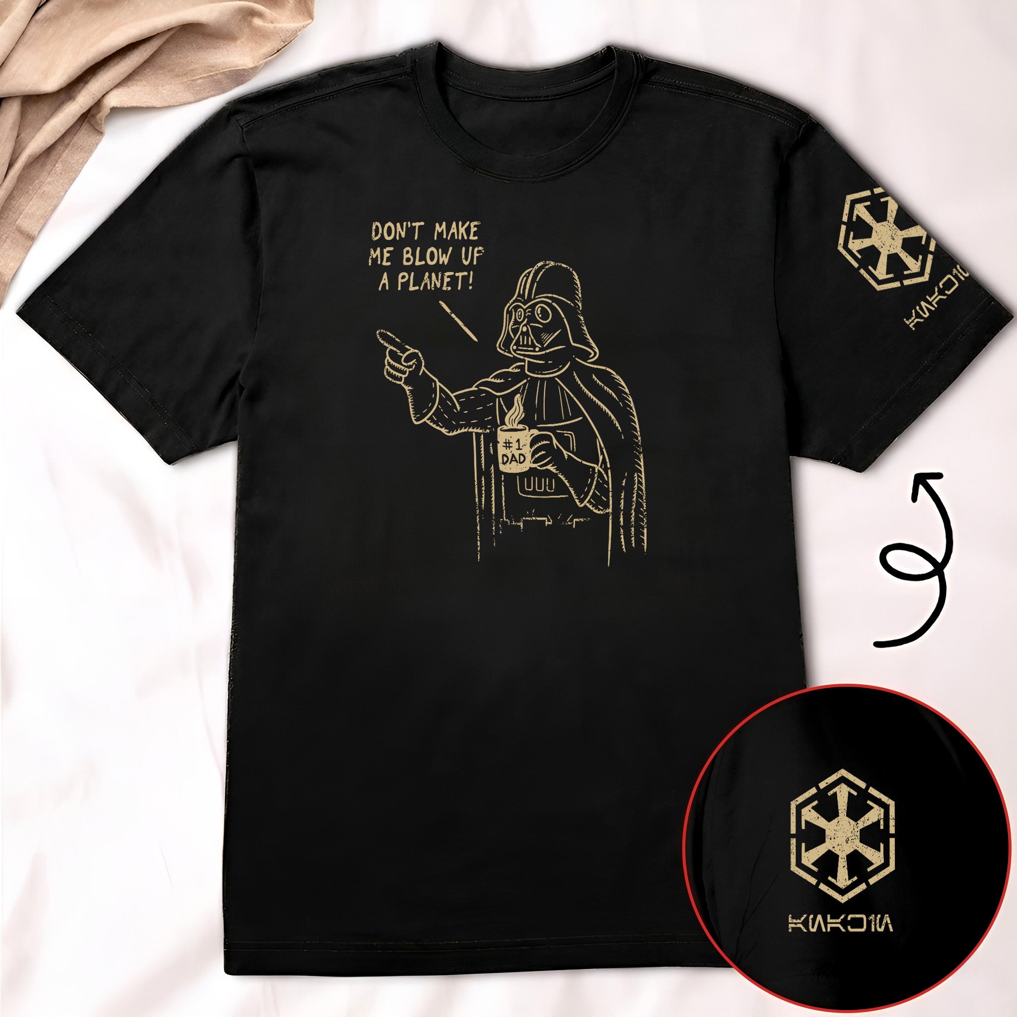 #1 Dad Vader With Custom Name in Aurebesh/Mando'a Sleeve Printed Shirt - Personalized Shirt and Sleeve