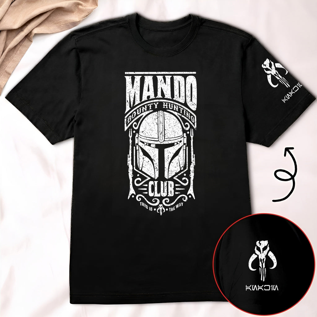 Mando Bounty Hunting Club With Custom Name in Aurebesh/Mando'a Sleeve Printed Shirt - Personalized Shirt and Sleeve