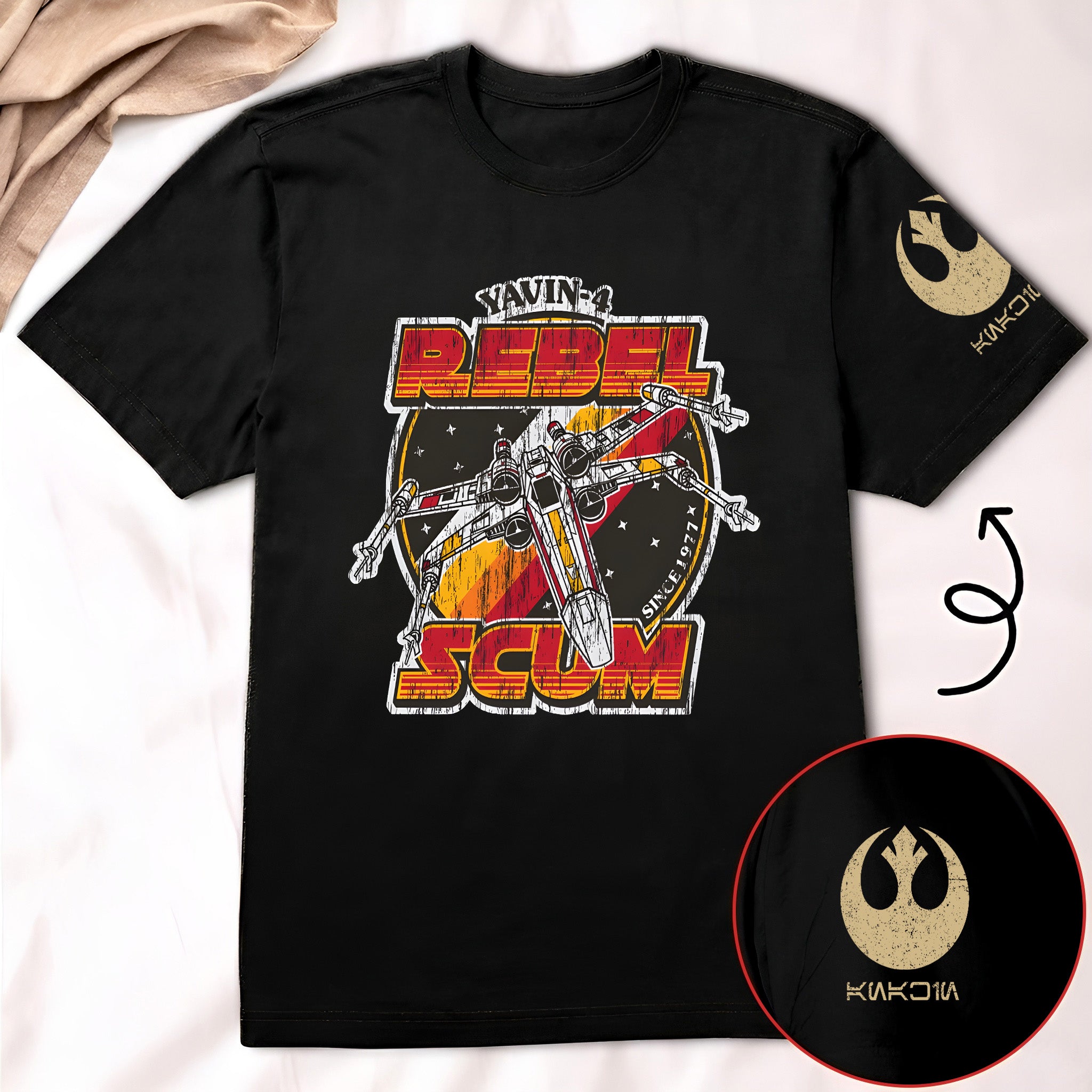 Rebel Scum With Custom Name in Aurebesh/Mando'a Sleeve Printed Shirt - Personalized Shirt and Sleeve