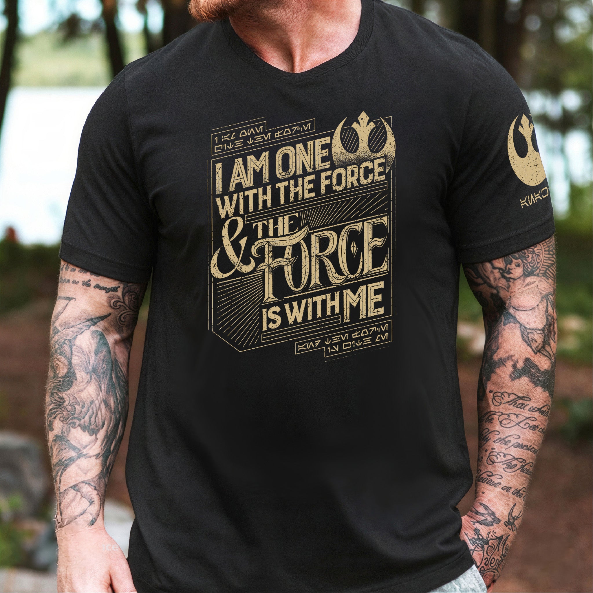 I am The One With The Force With Custom Name in Aurebesh/Mando'a Sleeve Printed Shirt - Personalized Shirt and Sleeve