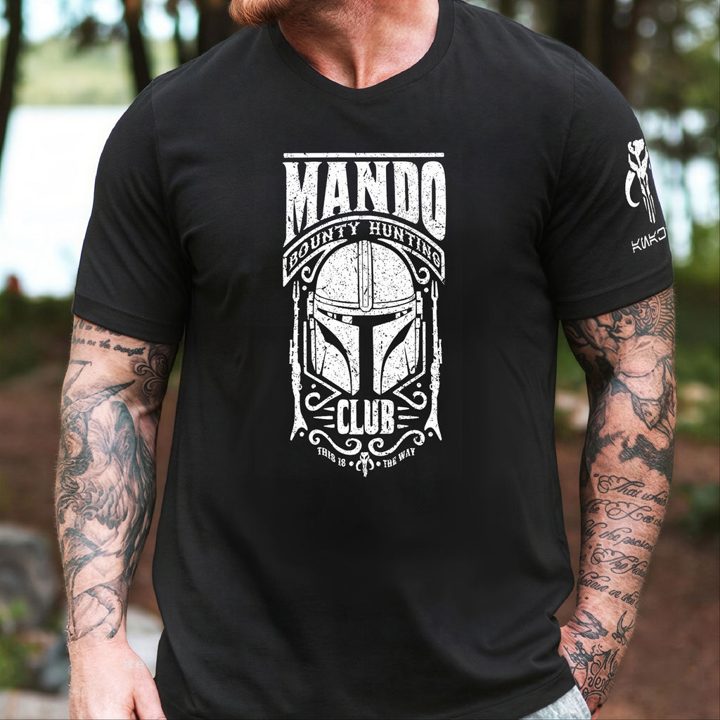 Mando Bounty Hunting Club With Custom Name in Aurebesh/Mando'a Sleeve Printed Shirt - Personalized Shirt and Sleeve