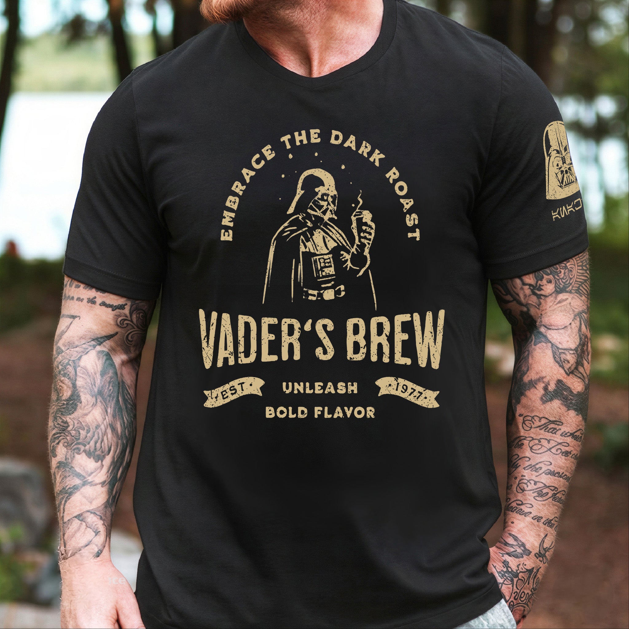 Vader's Brew With Custom Name in Aurebesh/Mando'a Sleeve Printed Shirt - Personalized Shirt and Sleeve