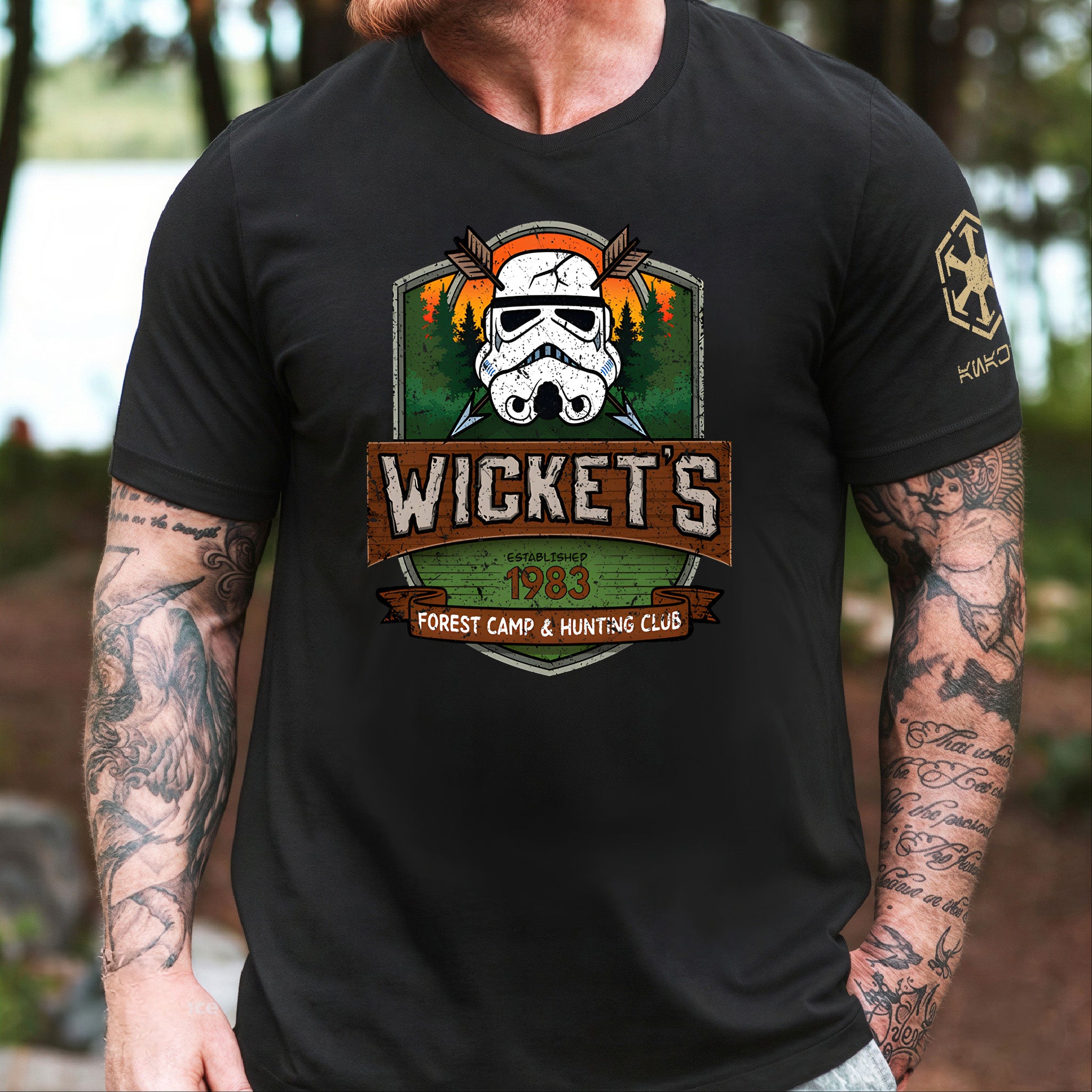 Wicket's Camping Club With Custom Name in Aurebesh/Mando'a Sleeve Printed Shirt - Personalized Shirt and Sleeve