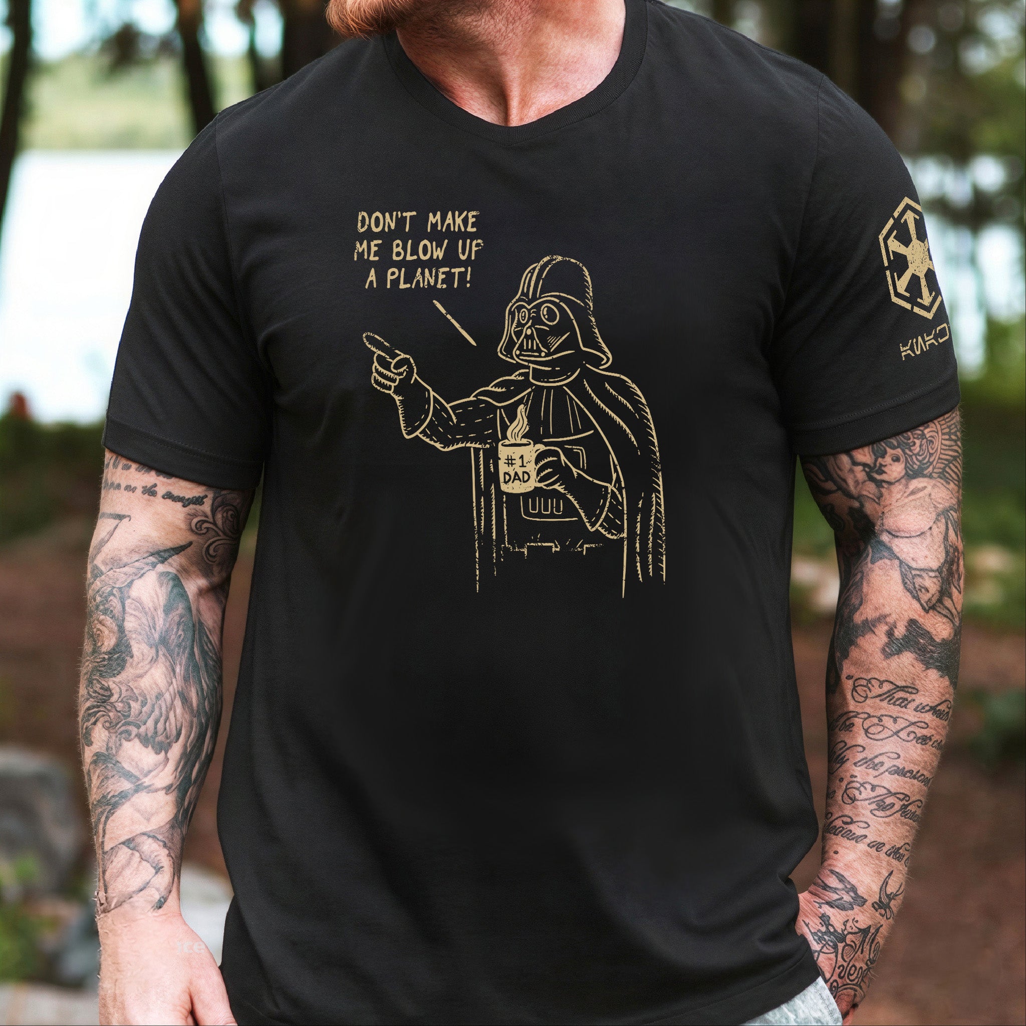#1 Dad Vader With Custom Name in Aurebesh/Mando'a Sleeve Printed Shirt - Personalized Shirt and Sleeve