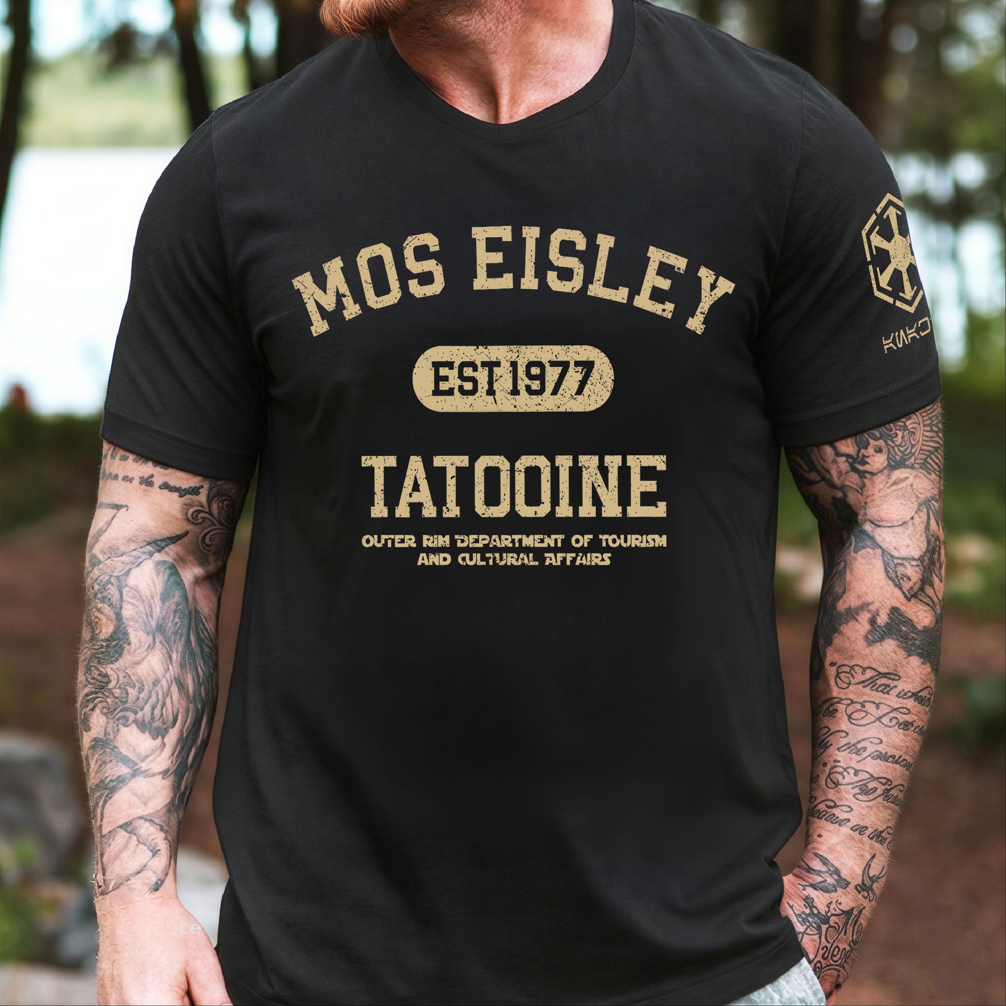 Outer Rim Tourism With Custom Name in Aurebesh/Mando'a Sleeve Printed Shirt - Personalized Shirt and Sleeve