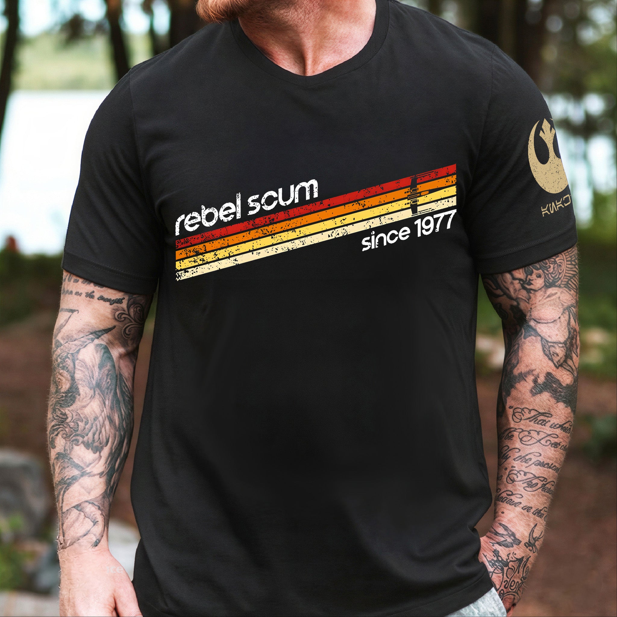 Rebel Scum Since 1977 With Custom Name in Aurebesh/Mando'a Sleeve Printed Shirt - Personalized Shirt and Sleeve