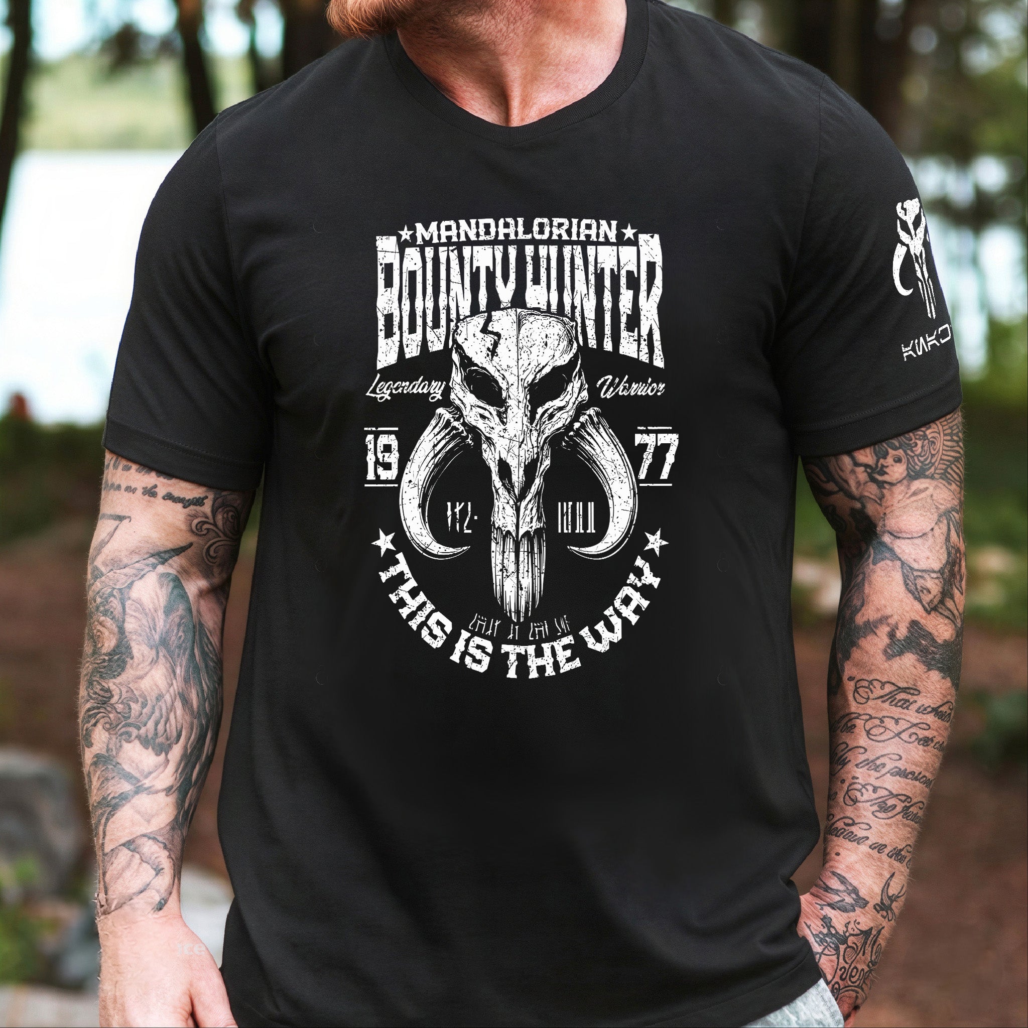 Bounty Hunter With Custom Name in Aurebesh/Mando'a Sleeve Printed Shirt - Personalized Shirt and Sleeve