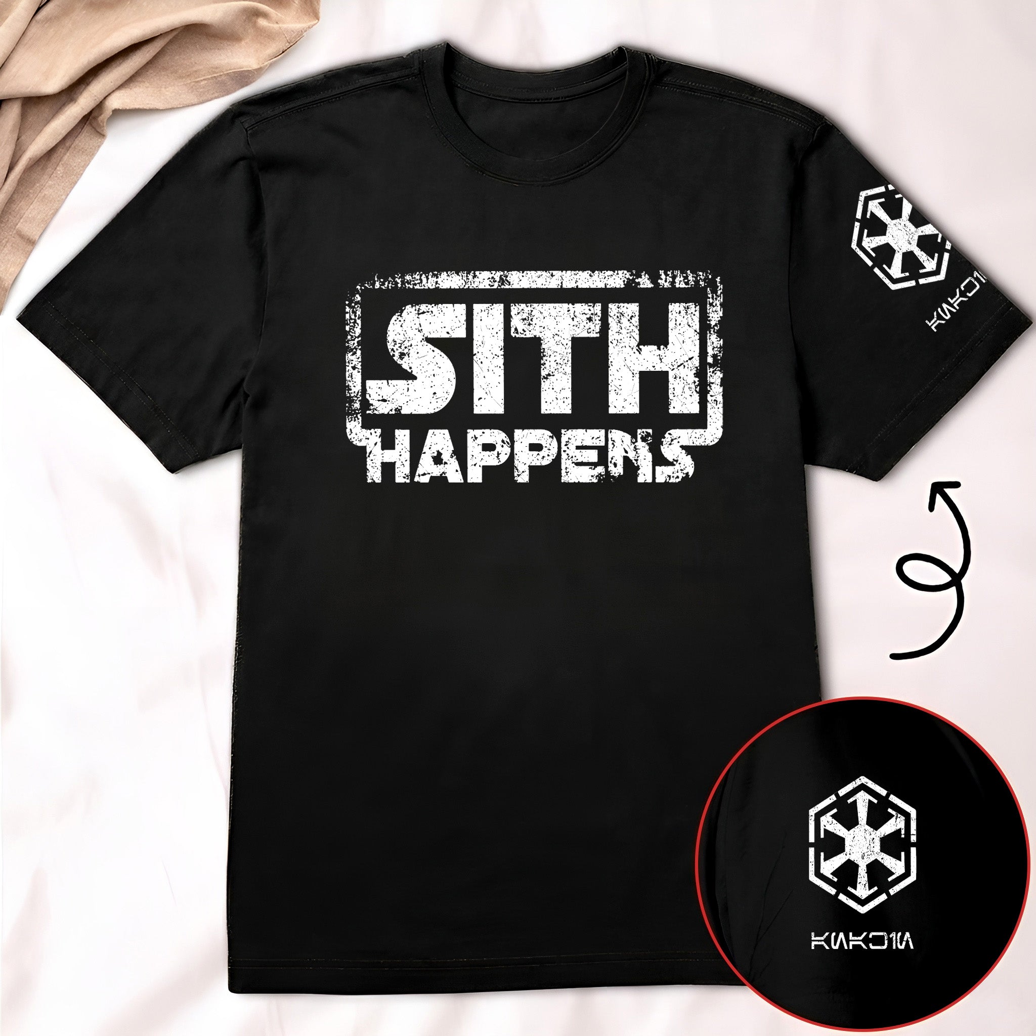 Sith Happens With Custom Name in Aurebesh/Mando'a Sleeve Printed Shirt - Personalized Shirt and Sleeve