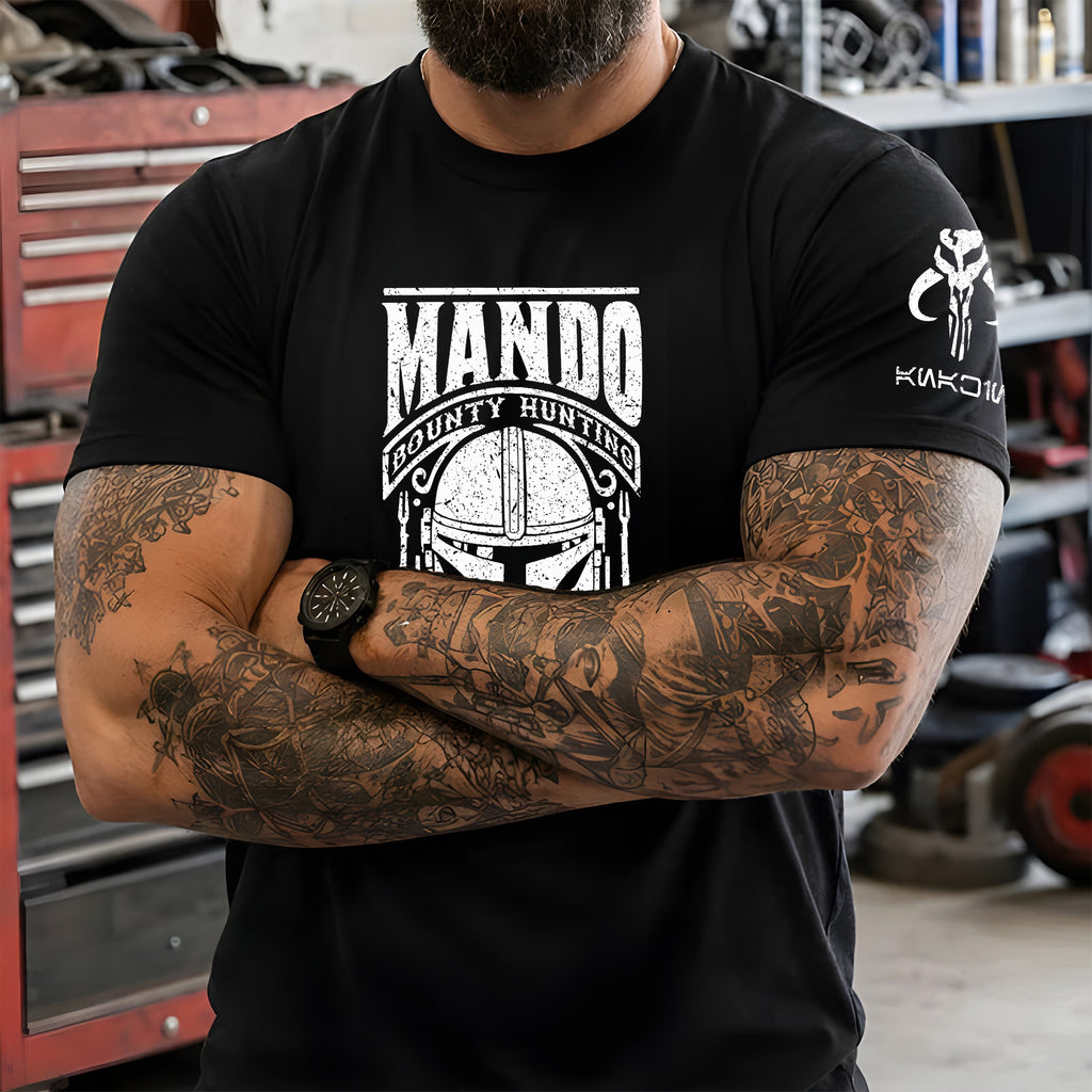 Mando Bounty Hunting Club With Custom Name in Aurebesh/Mando'a Sleeve Printed Shirt - Personalized Shirt and Sleeve