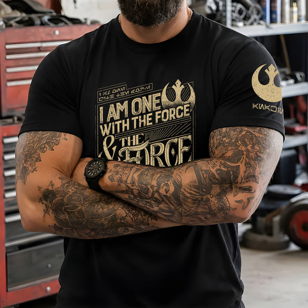 I am The One With The Force With Custom Name in Aurebesh/Mando'a Sleeve Printed Shirt - Personalized Shirt and Sleeve