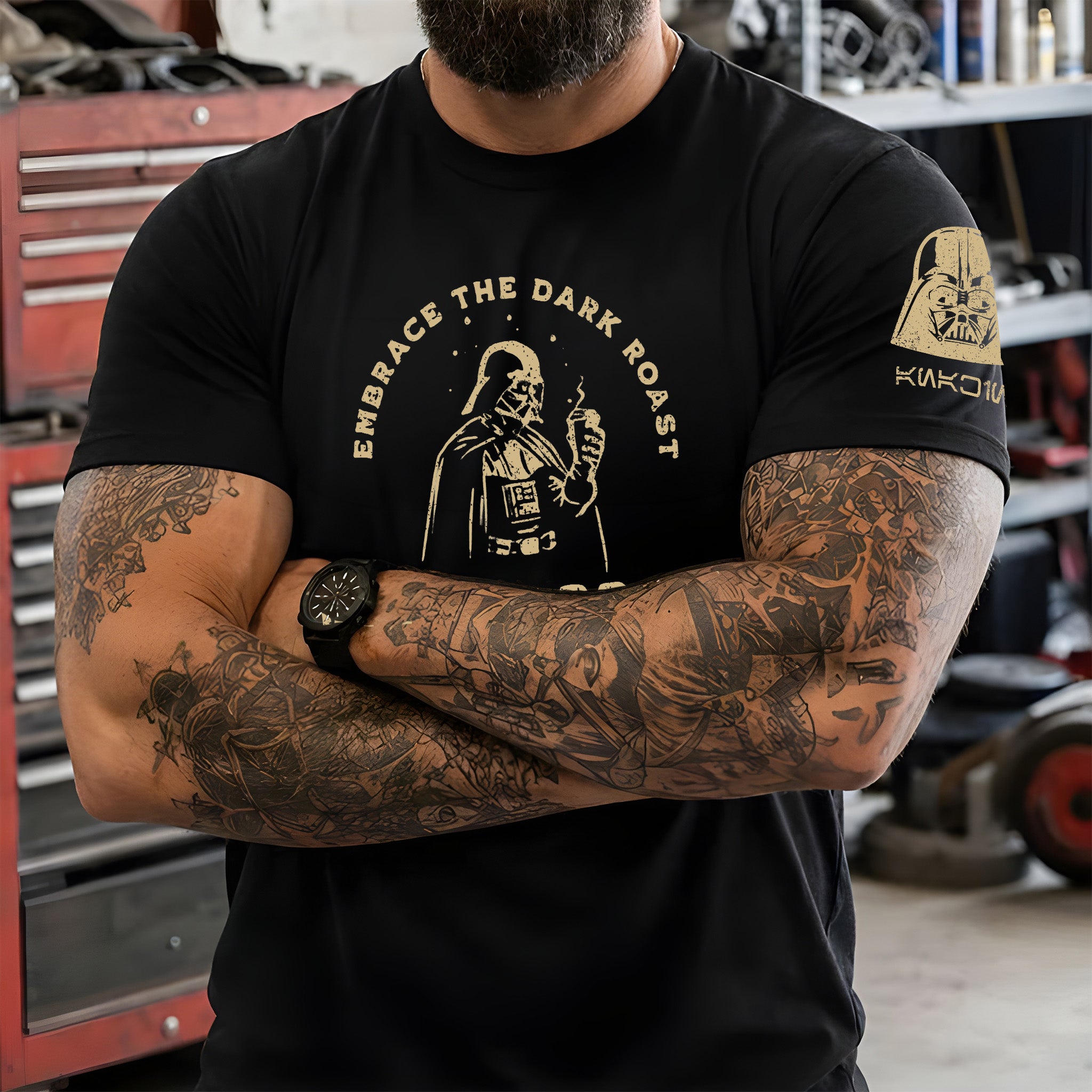 Vader's Brew With Custom Name in Aurebesh/Mando'a Sleeve Printed Shirt - Personalized Shirt and Sleeve