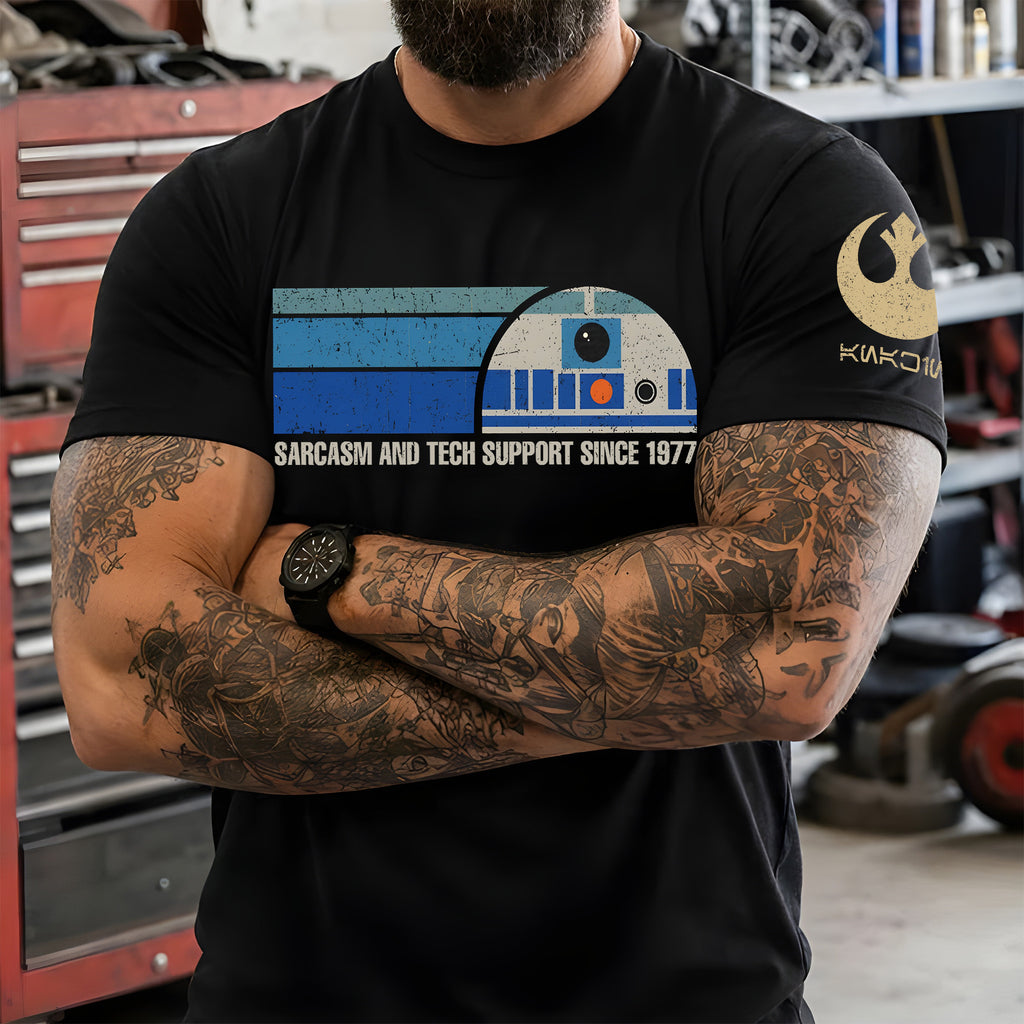 Providing Sarcasm And Tech Support Since 1977 With Custom Name in Aurebesh/Mando'a Sleeve Printed Shirt - Personalized Shirt and Sleeve