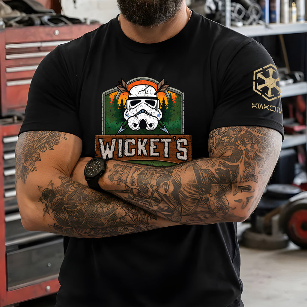 Wicket's Camping Club With Custom Name in Aurebesh/Mando'a Sleeve Printed Shirt - Personalized Shirt and Sleeve