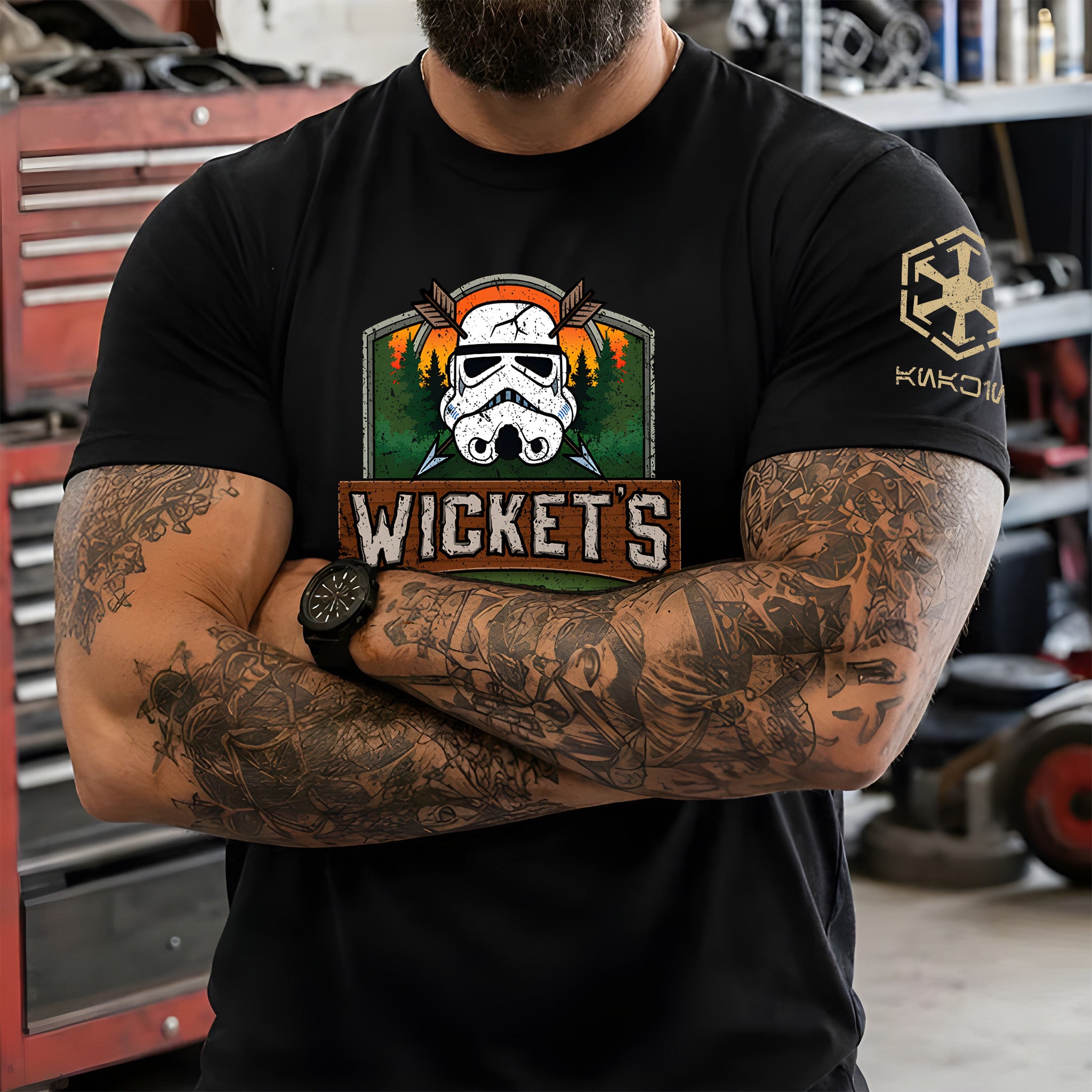 Wicket's Camping Club With Custom Name in Aurebesh/Mando'a Sleeve Printed Shirt - Personalized Shirt and Sleeve