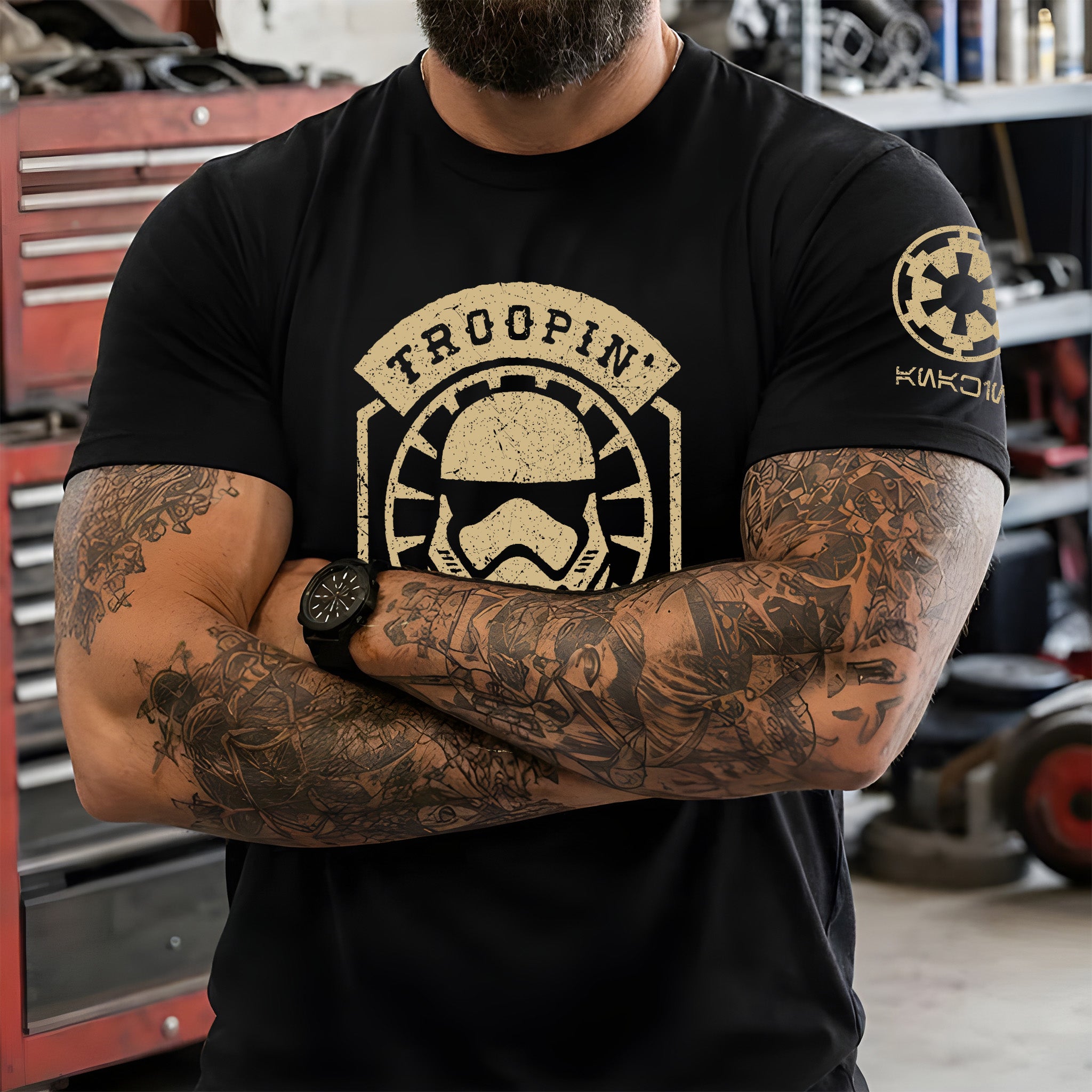 Troopin Aint Easy With Custom Name in Aurebesh/Mando'a Sleeve Printed Shirt - Personalized Shirt and Sleeve