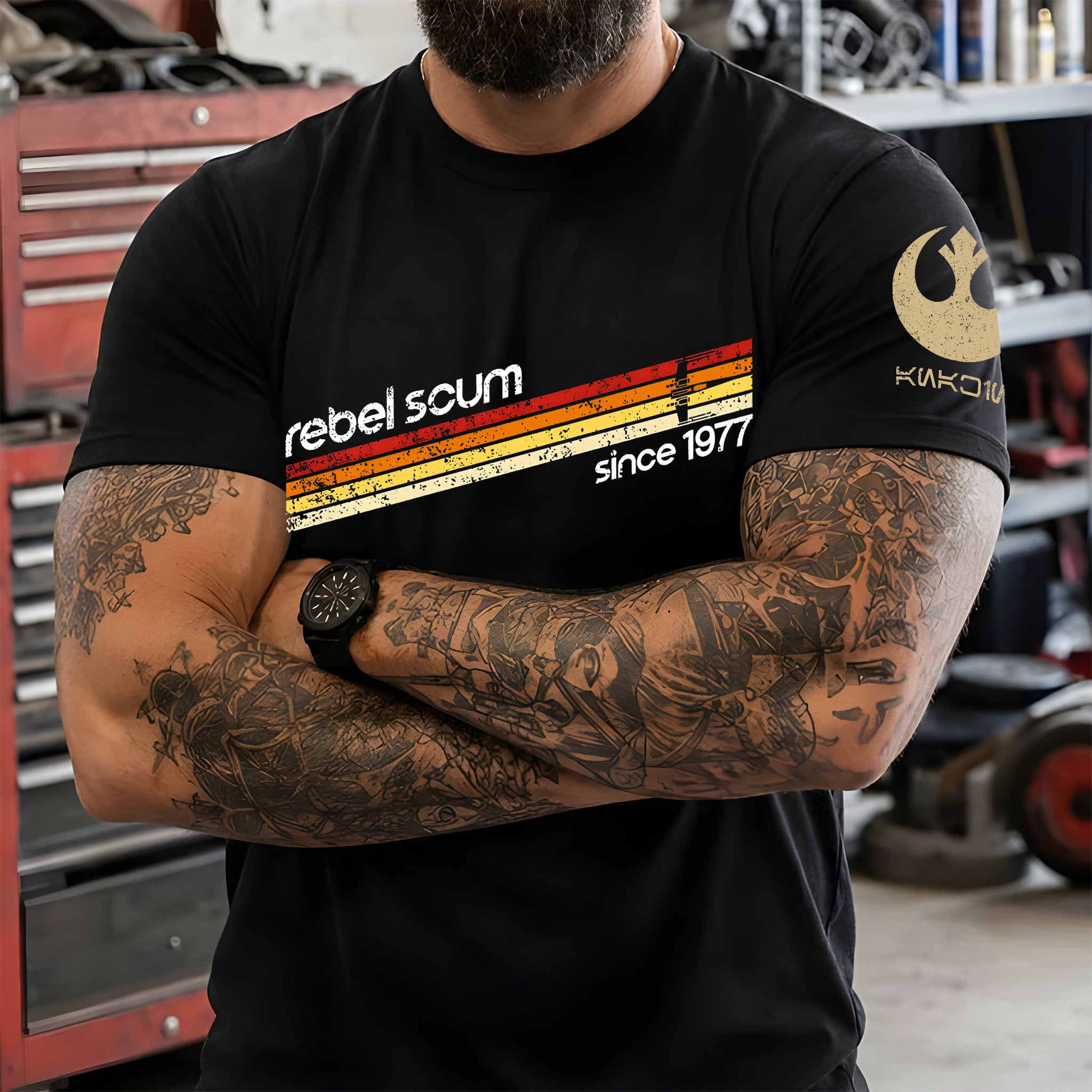 Rebel Scum Since 1977 With Custom Name in Aurebesh/Mando'a Sleeve Printed Shirt - Personalized Shirt and Sleeve