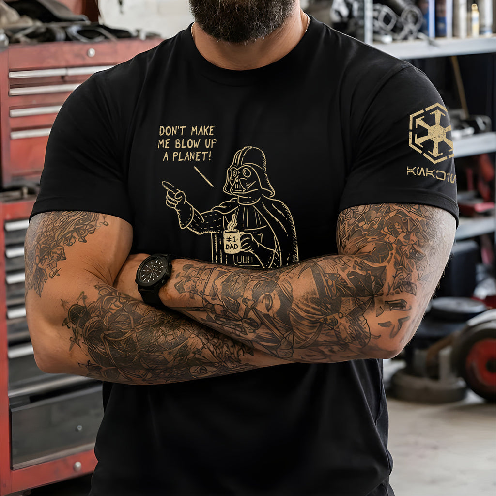 #1 Dad Vader With Custom Name in Aurebesh/Mando'a Sleeve Printed Shirt - Personalized Shirt and Sleeve
