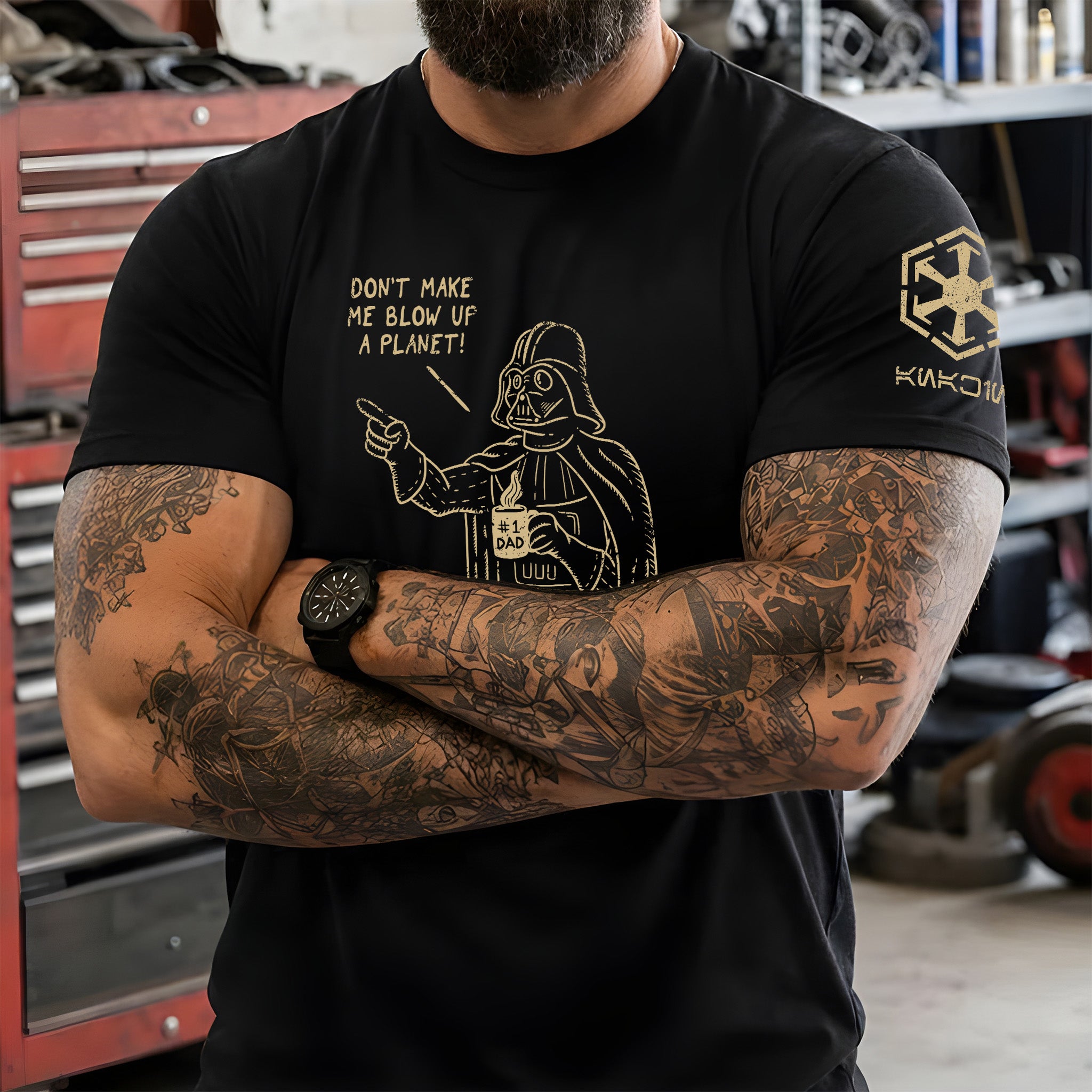 #1 Dad Vader With Custom Name in Aurebesh/Mando'a Sleeve Printed Shirt - Personalized Shirt and Sleeve