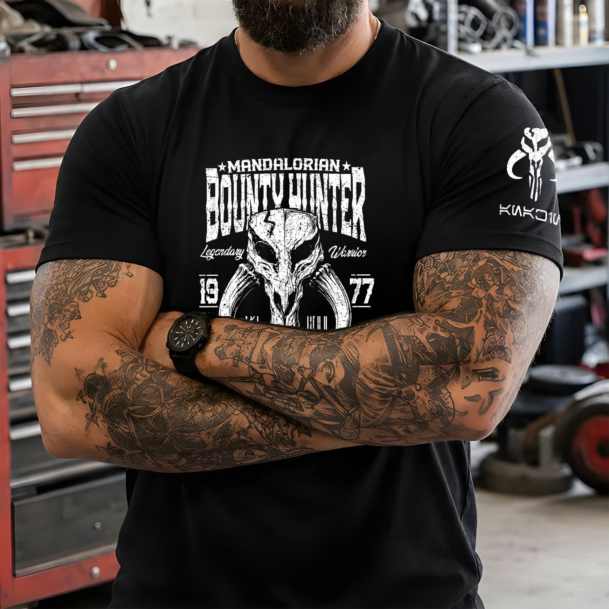 Bounty Hunter With Custom Name in Aurebesh/Mando'a Sleeve Printed Shirt - Personalized Shirt and Sleeve