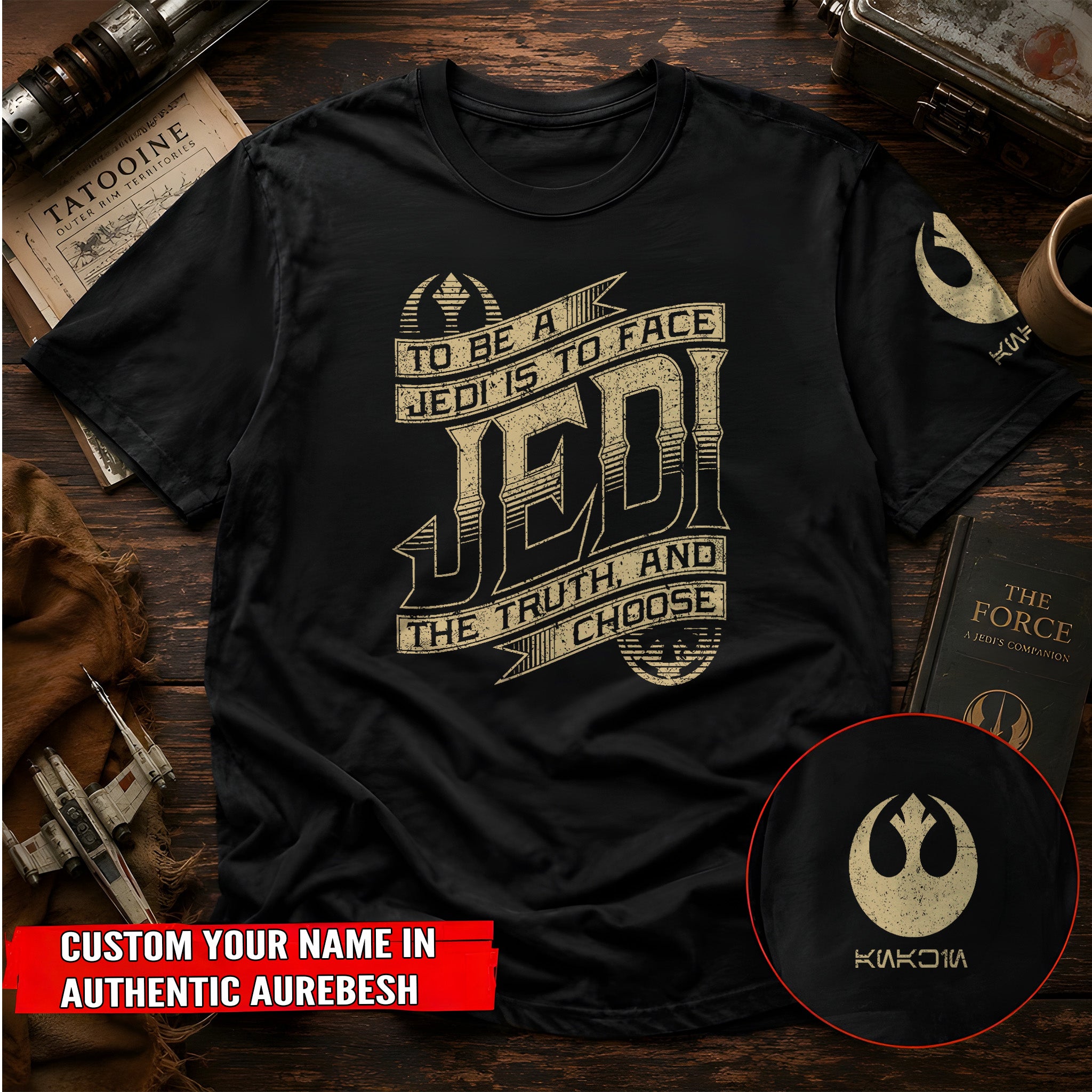 To Be A Jedi With Custom Name in Aurebesh/Mando'a Sleeve Printed Shirt - Personalized Shirt and Sleeve