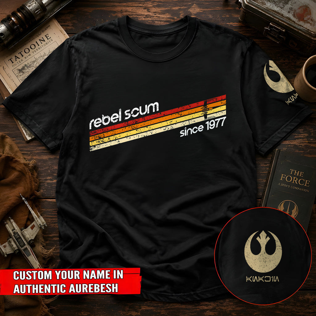 Rebel Scum Since 1977 With Custom Name in Aurebesh/Mando'a Sleeve Printed Shirt - Personalized Shirt and Sleeve