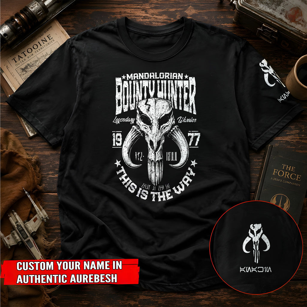 Bounty Hunter With Custom Name in Aurebesh/Mando'a Sleeve Printed Shirt - Personalized Shirt and Sleeve