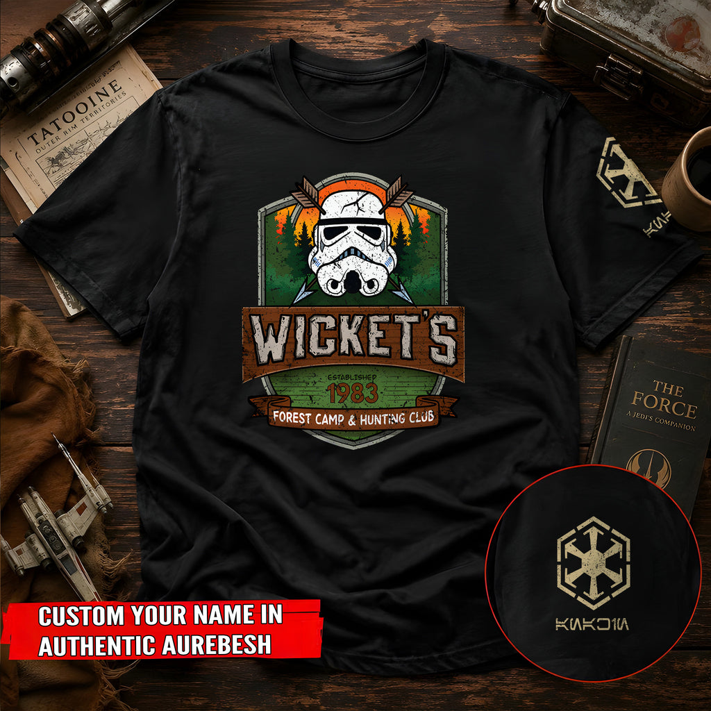 Wicket's Camping Club With Custom Name in Aurebesh/Mando'a Sleeve Printed Shirt - Personalized Shirt and Sleeve