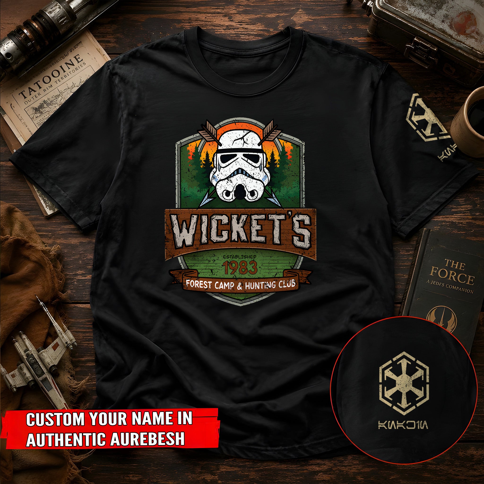 Wicket's Camping Club With Custom Name in Aurebesh/Mando'a Sleeve Printed Shirt - Personalized Shirt and Sleeve