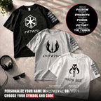 Custom Name in Aurebesh/Mando'a and Galactic Code Sleeve Printed Shirt - Personalized Shirt and Sleeve