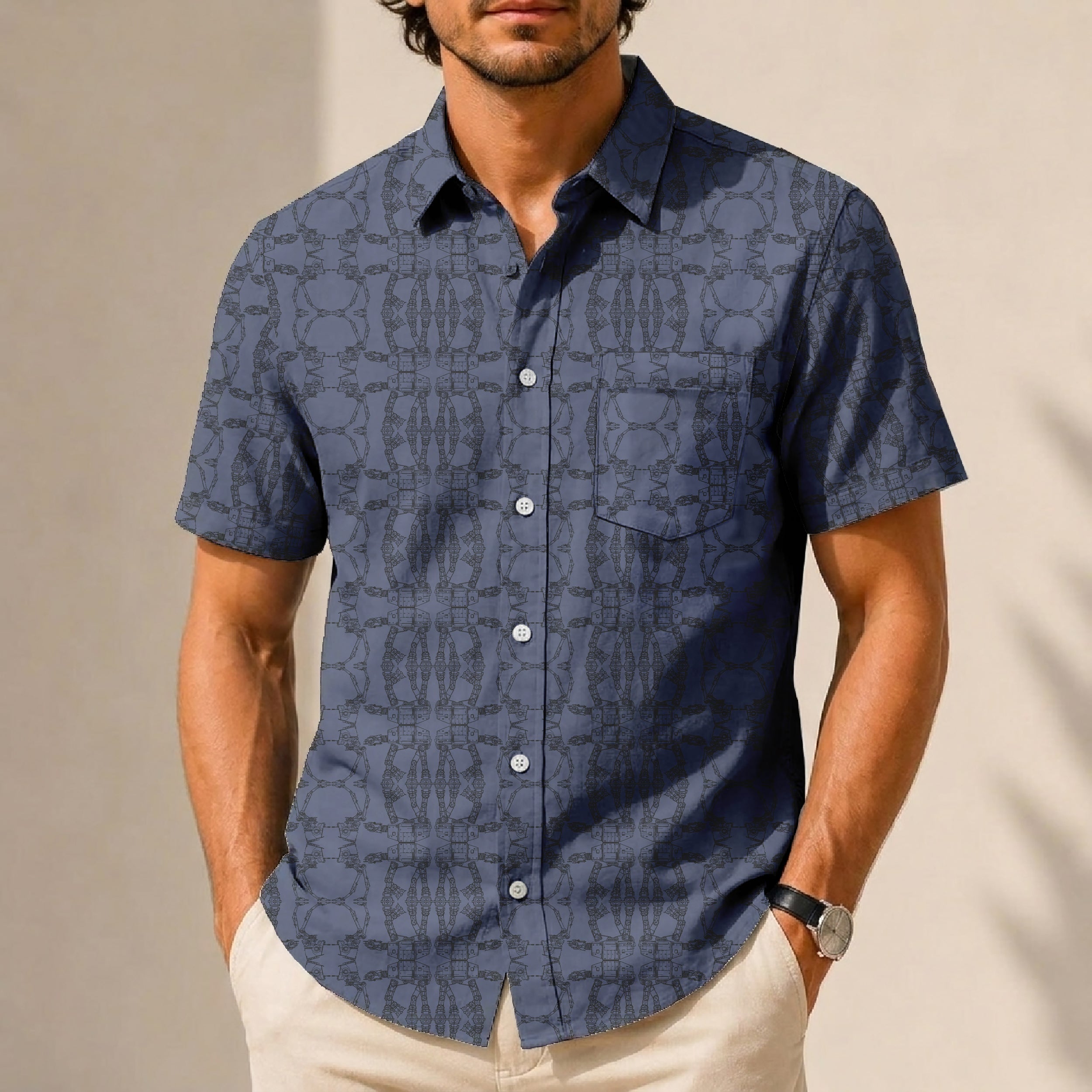 Galactic AT-AT Pattern Hawaiian Shirt with Pocket - Galactic Button Down Shirt