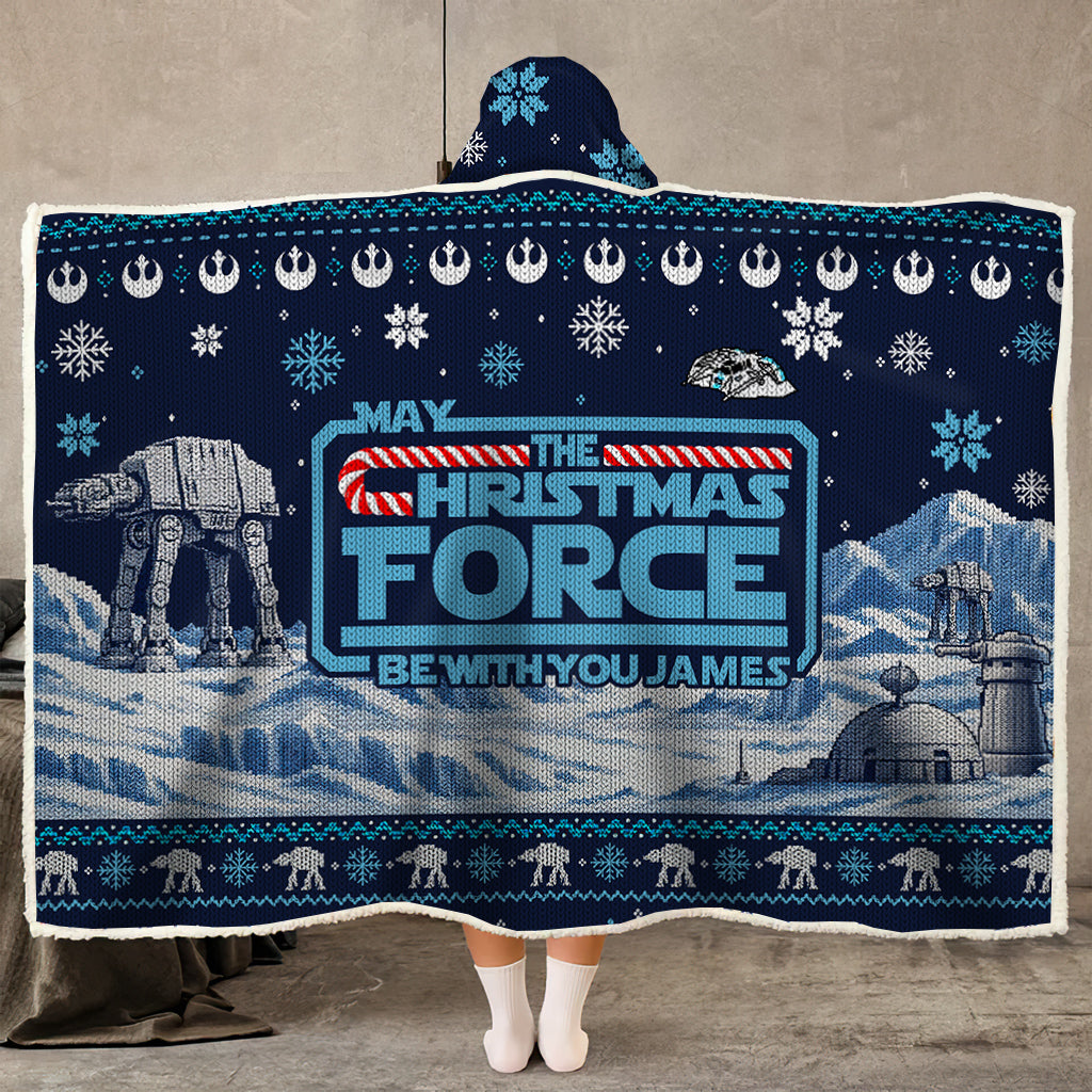 Custom Name May The Christmas Force Be With You Wearable Blanket - Personalized Christmas Hooded Blanket for Fans