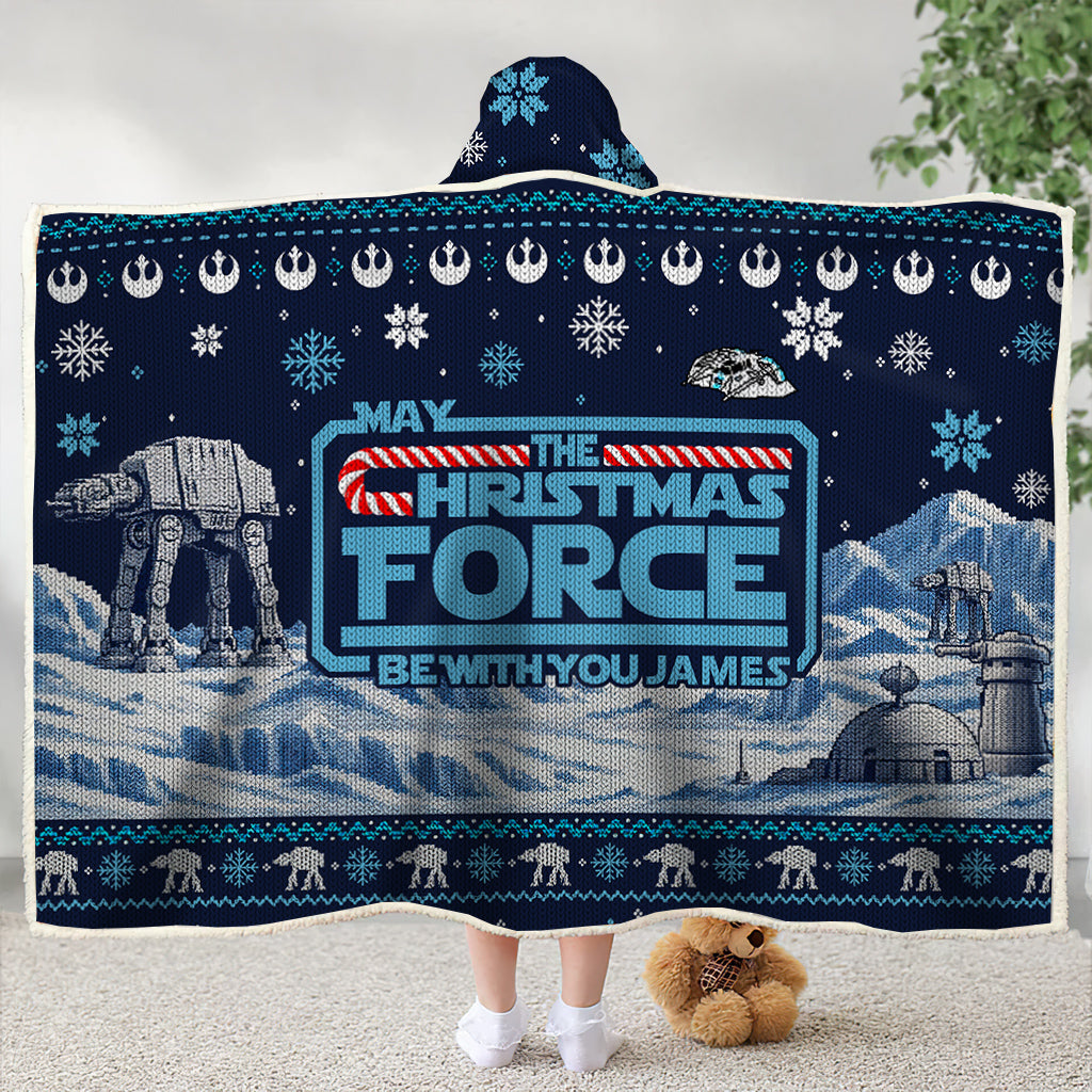 Custom Name May The Christmas Force Be With You Wearable Blanket - Personalized Christmas Hooded Blanket for Fans