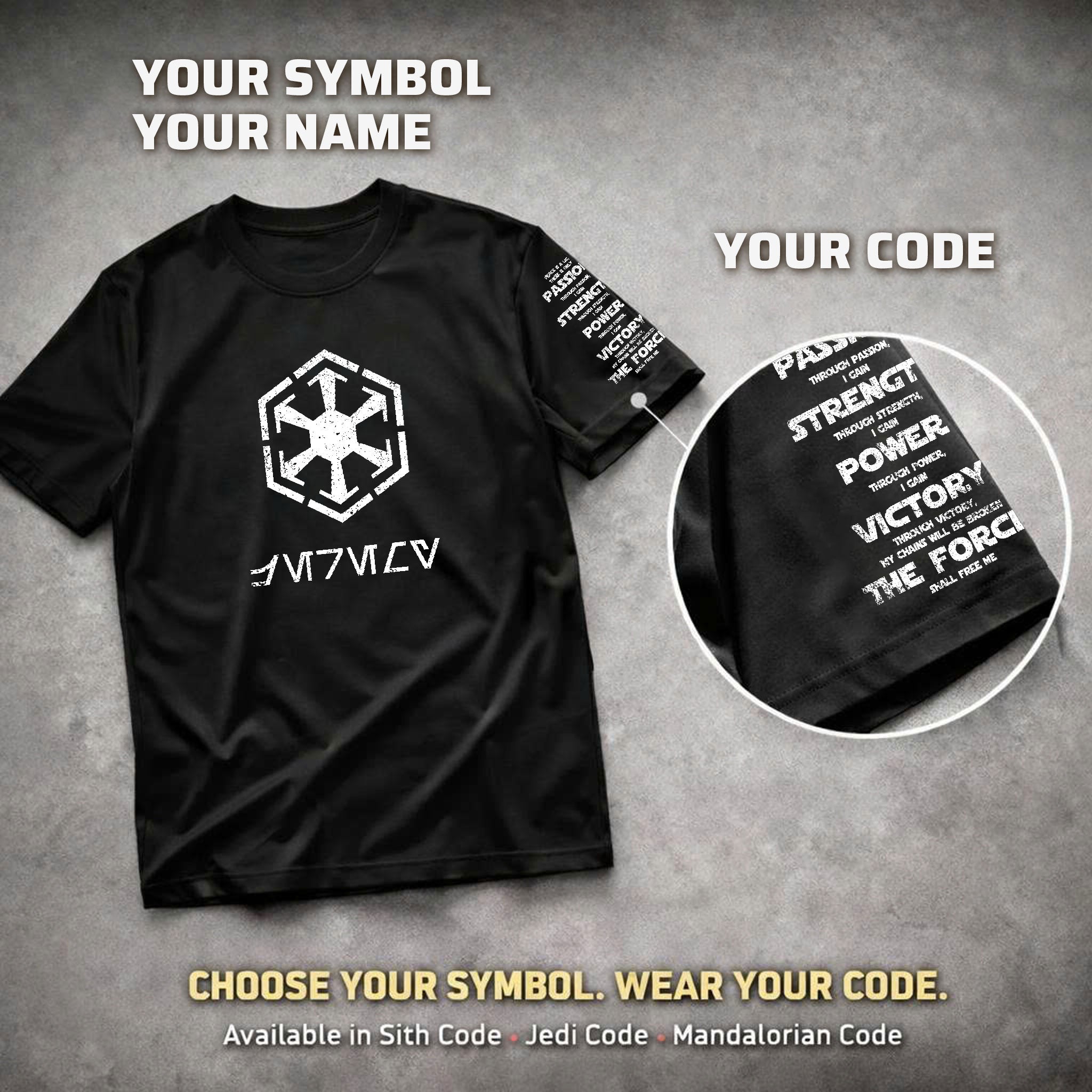 Custom Name in Aurebesh/Mando'a and Galactic Code Sleeve Printed Shirt - Personalized Shirt and Sleeve