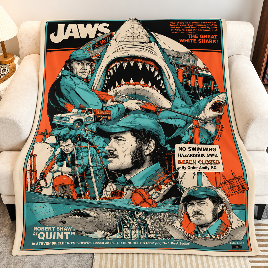 Jaws Christmas Blanket - Thriller Movie Sherpa Blanket Gift for Fans