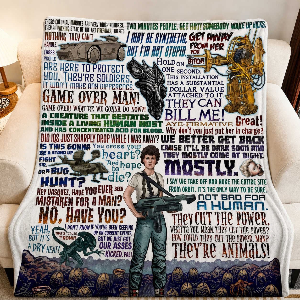 Aliens 1986 Not Bad For A Human Christmas Blanket - Horror Sci-fi Movie Sherpa Blanket Gift for Fans